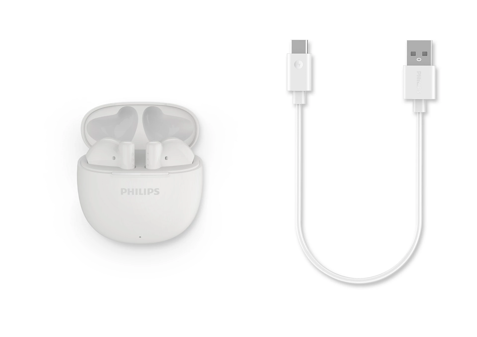 Beyaz Philips kulaklıklar şarj kutusunda, USB-C kablosu. Hepsi beyaz zemin üzerinde.