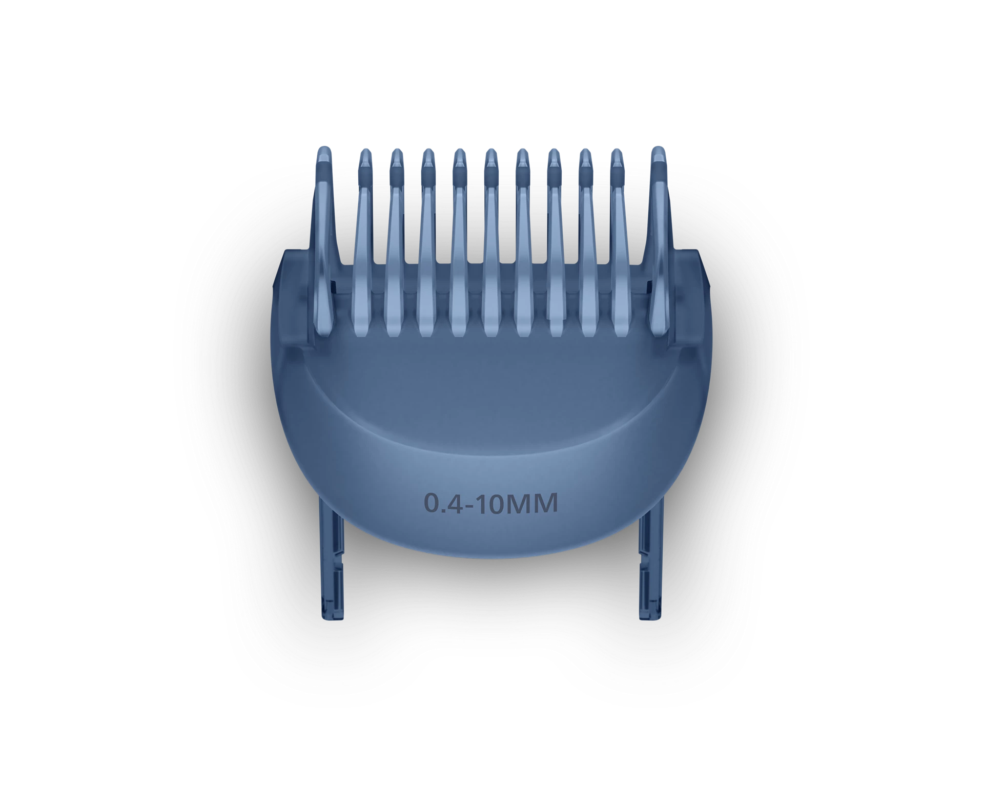 Un accesorio azul de plástico para cortapelos. Tiene dientes en forma de peine y se encuentra en una base ovalada negra y texturizada.