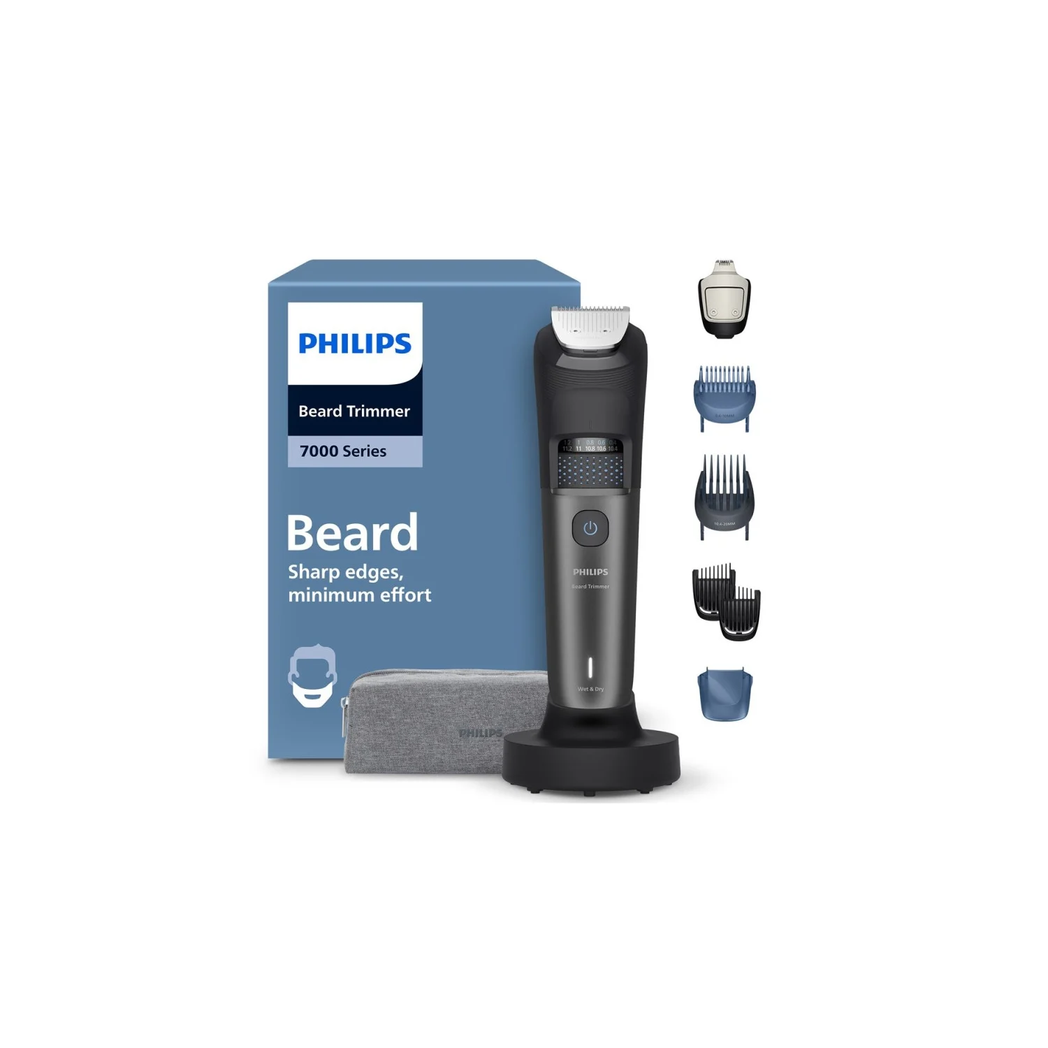 Se muestra un juego de recortadora de barba Philips. El juego incluye la recortadora, varios accesorios, un soporte de carga y una funda.