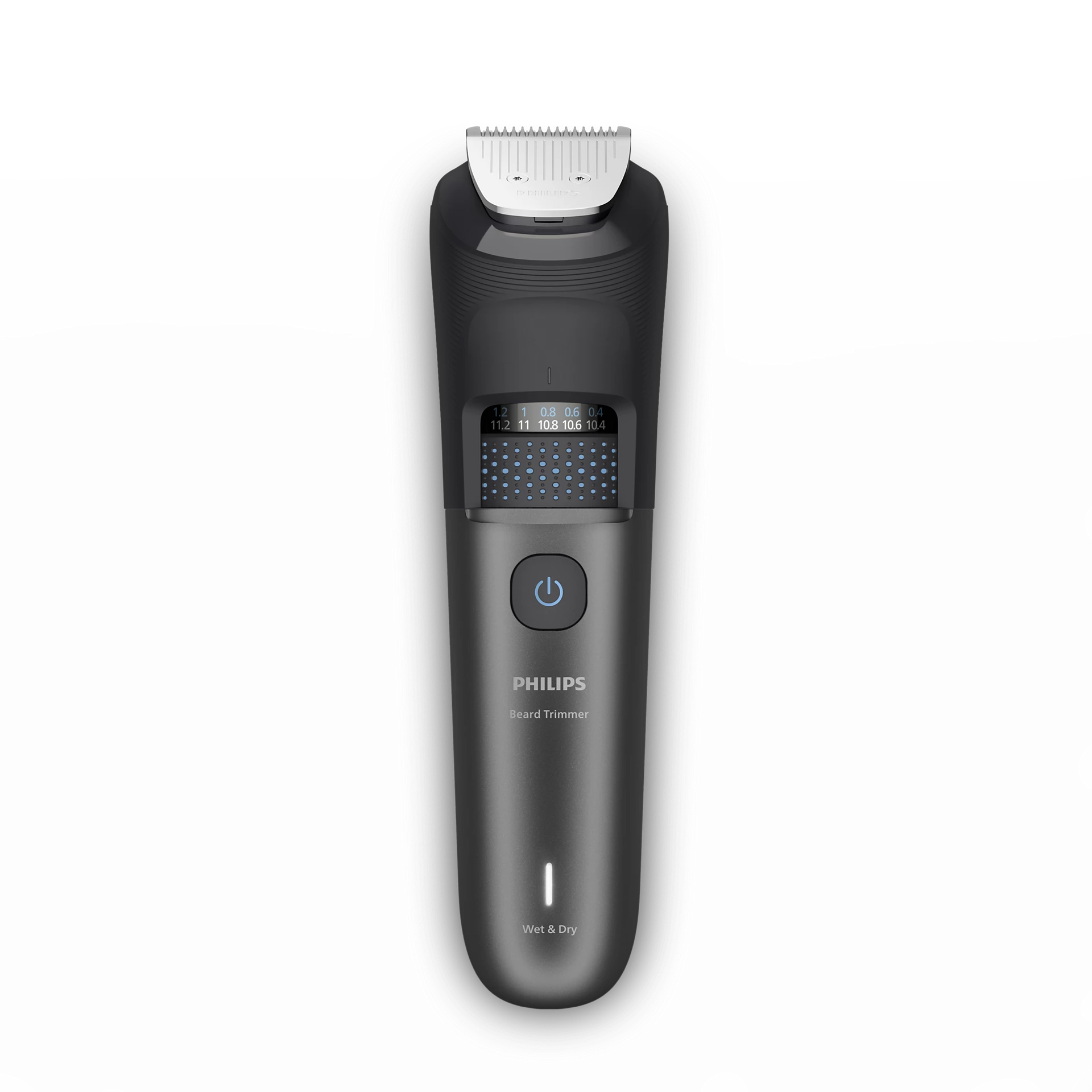 Una recortadora de barba Philips negra. Tiene una pantalla digital, un botón de encendido y números de configuración. El fondo es negro.