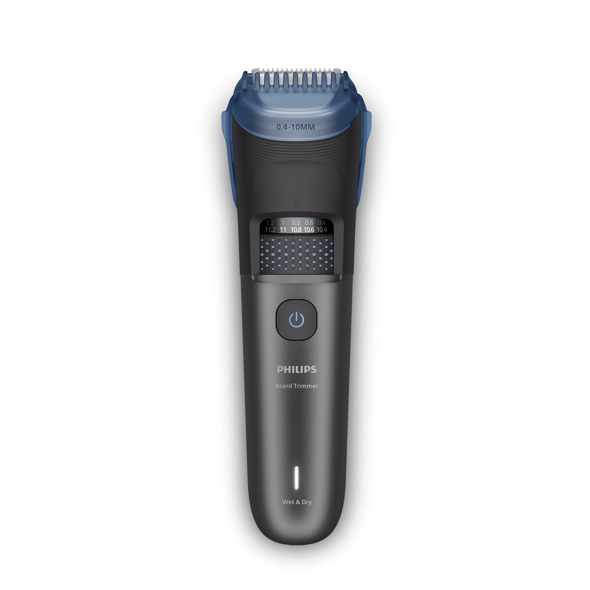 Una recortadora de barba Philips en una funda negra. Tiene un protector de cuchilla azul y una pantalla digital.