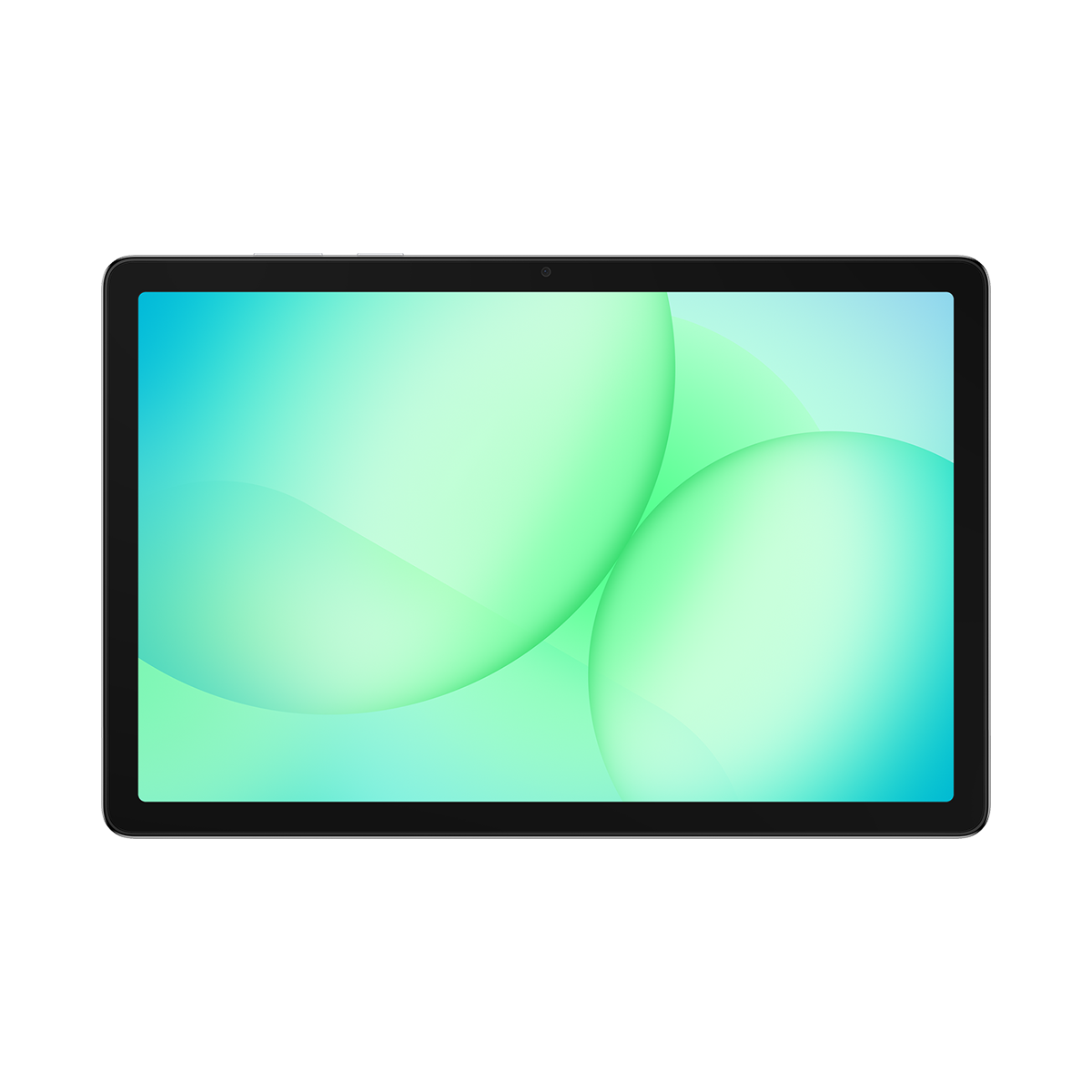 Siyah bir tablet, ekranında yeşil ve mavi kürelerin bir gradyanını görüntüler. Tabletin siyah bir çerçevesi var.