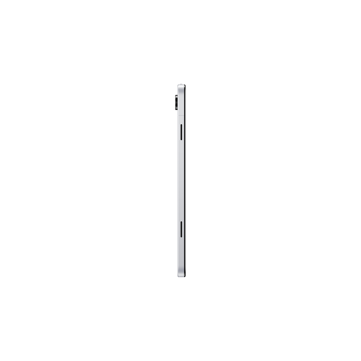 Beyaz bir arka plan üzerinde gümüş bir tabletin yan görünümü. Tablet dikey, güç ve ses düğmelerini gösteriyor.