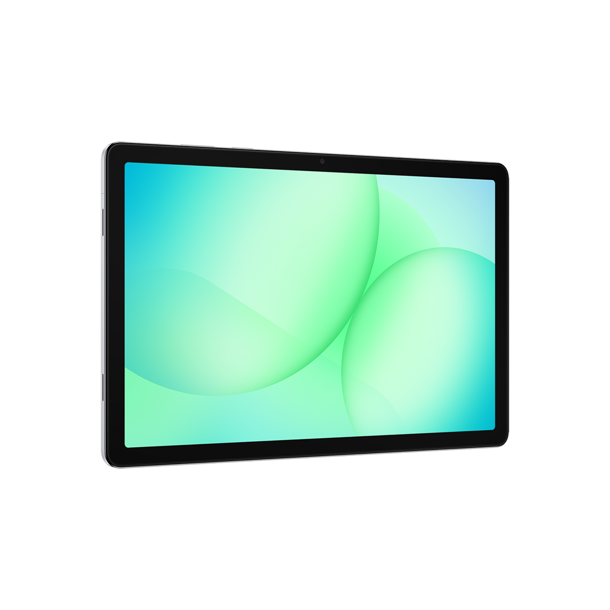 Siyah çerçeveli bir tablet. Ekran, beyaz zemin üzerinde yeşil ve mavi soyut baloncuklar gösteriyor.