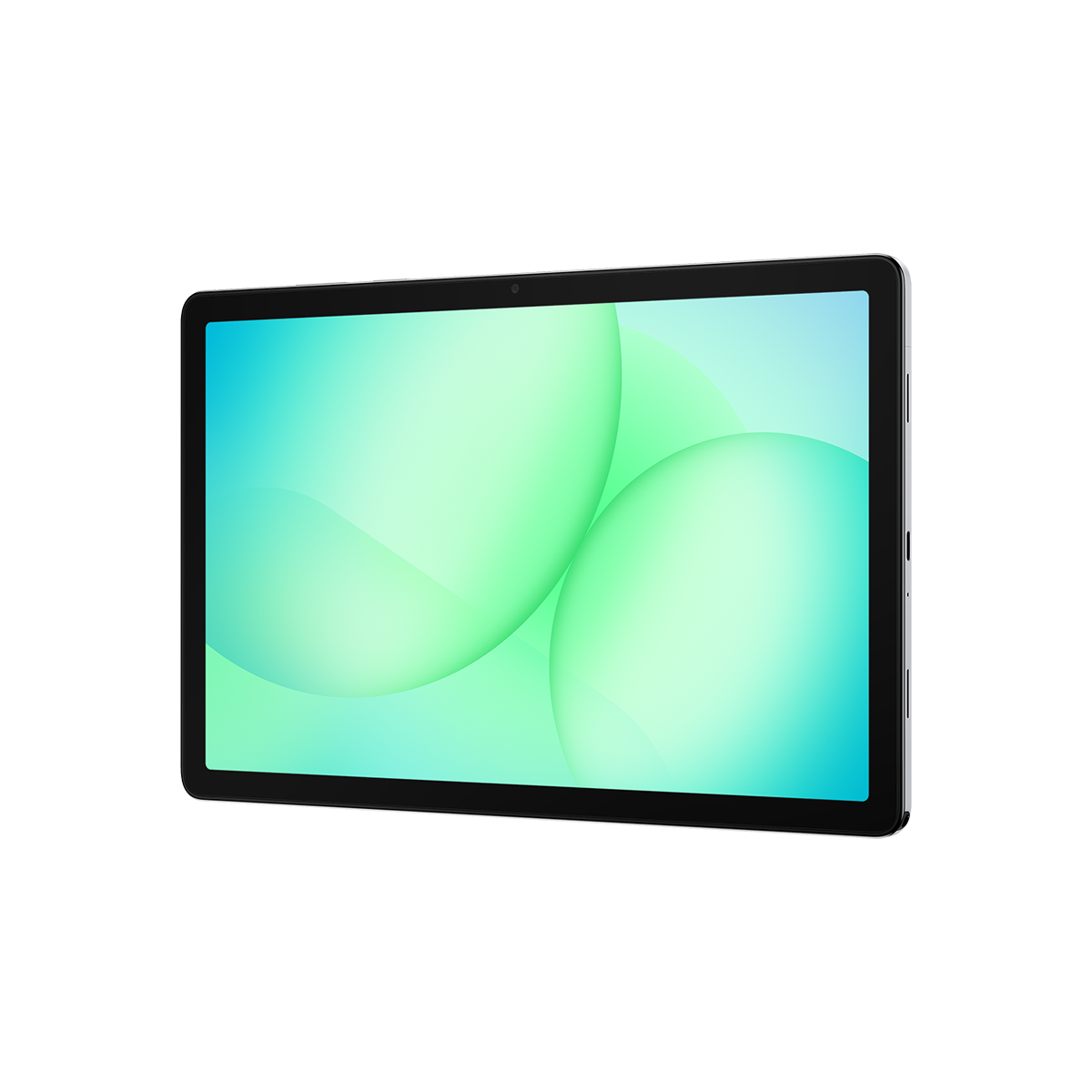 Siyah bir tablet, turkuaz ve yeşil soyut bir tasarım sergiliyor. Tablet açılı, yan profilini ve bir kamerayı gösteriyor.