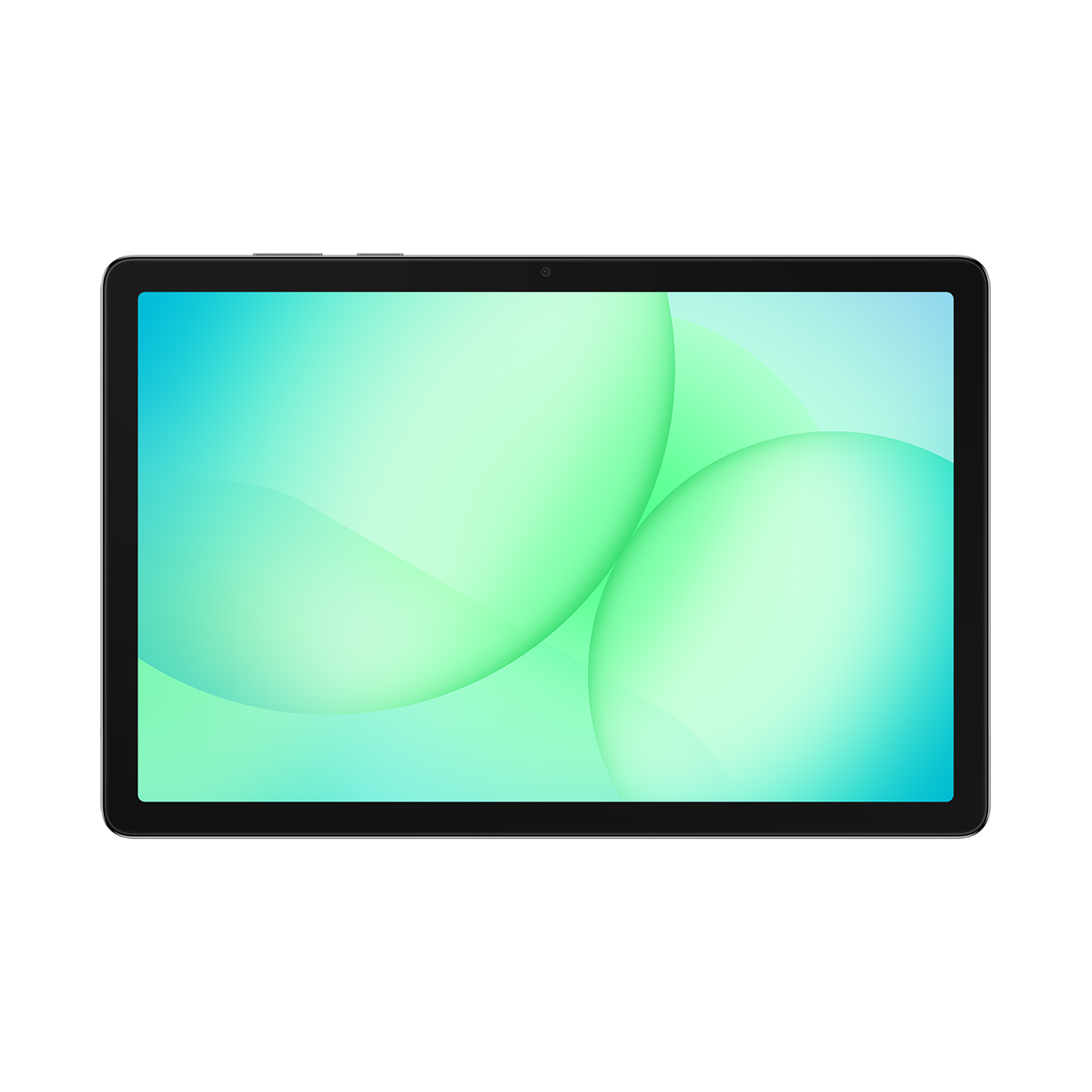 Yeşil ve mavi gradyan küreleri gösteren bir ekrana sahip siyah bir tablet. Ekranın ön tarafında bir kamera var.