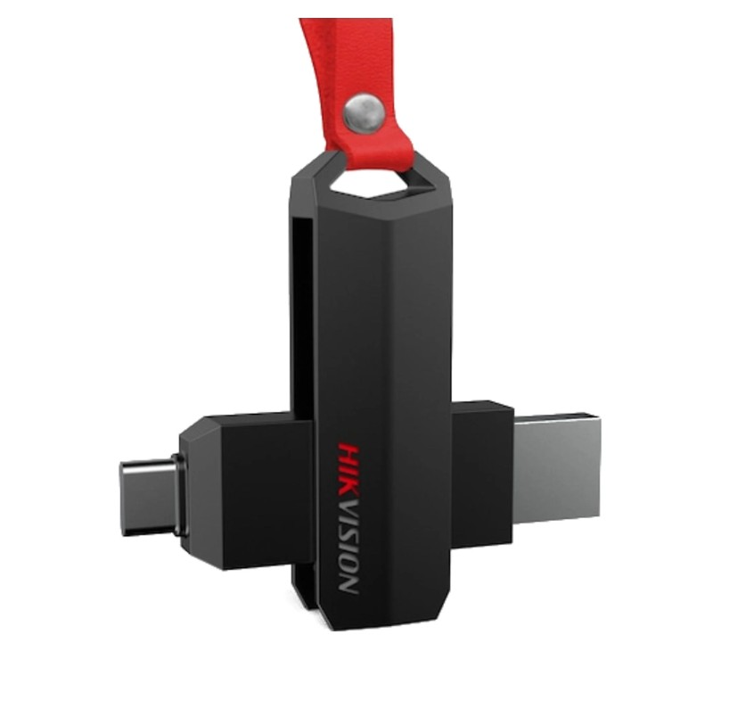 Kırmızı kayışlı siyah bir çoklu konektör. Cihazda Hikvision logosu bulunur. Konnektörler USB-C ve USB-A'dır.