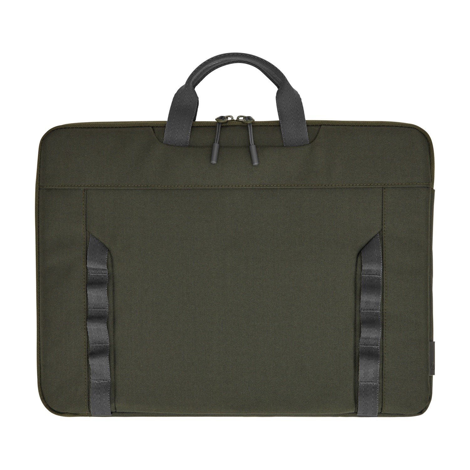 Una borsa per laptop verde oliva con manico e chiusura a cerniera. Ha cinghie grigie e un manico grigio.