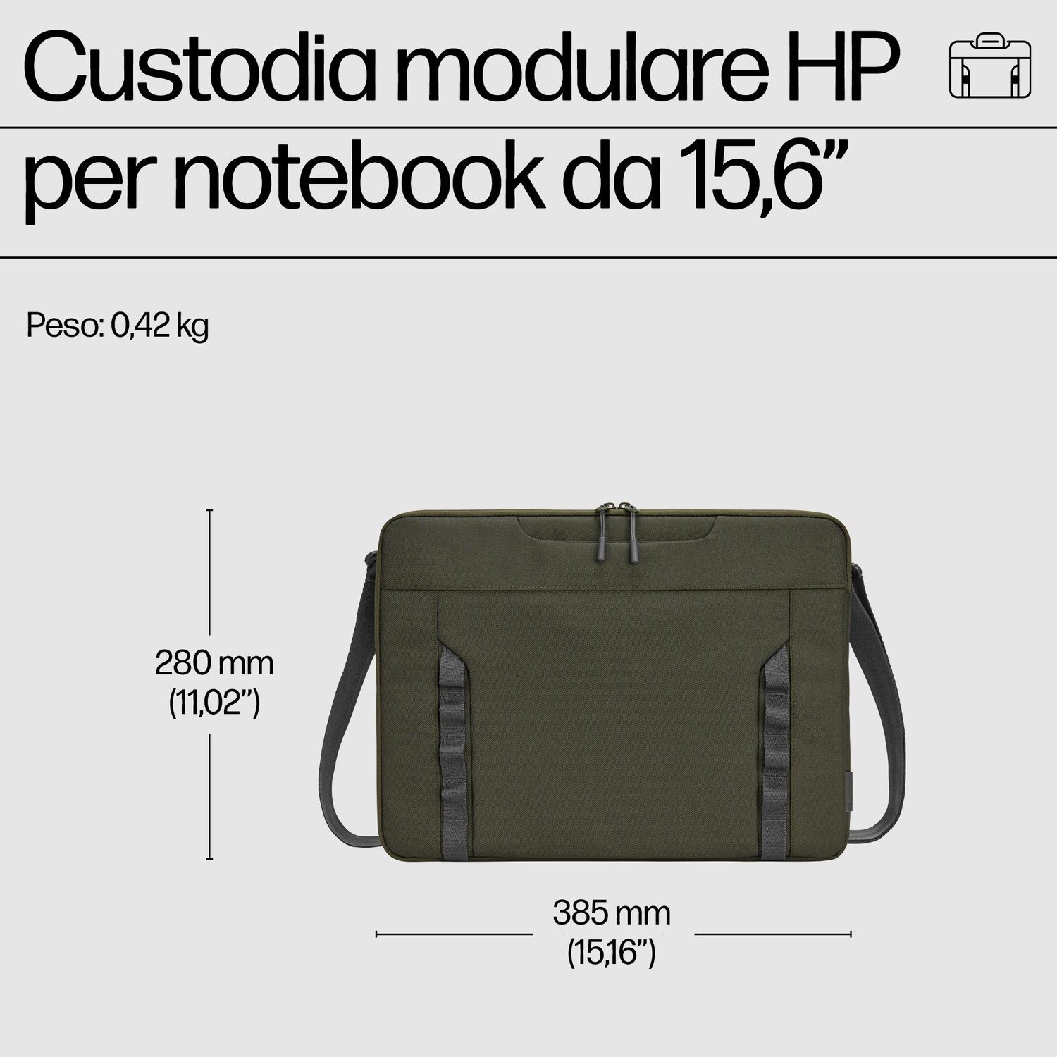 Una borsa per laptop verde oliva, larga 385 mm e alta 280 mm, con testo sopra che indica il suo scopo e un peso di 0,42 kg.