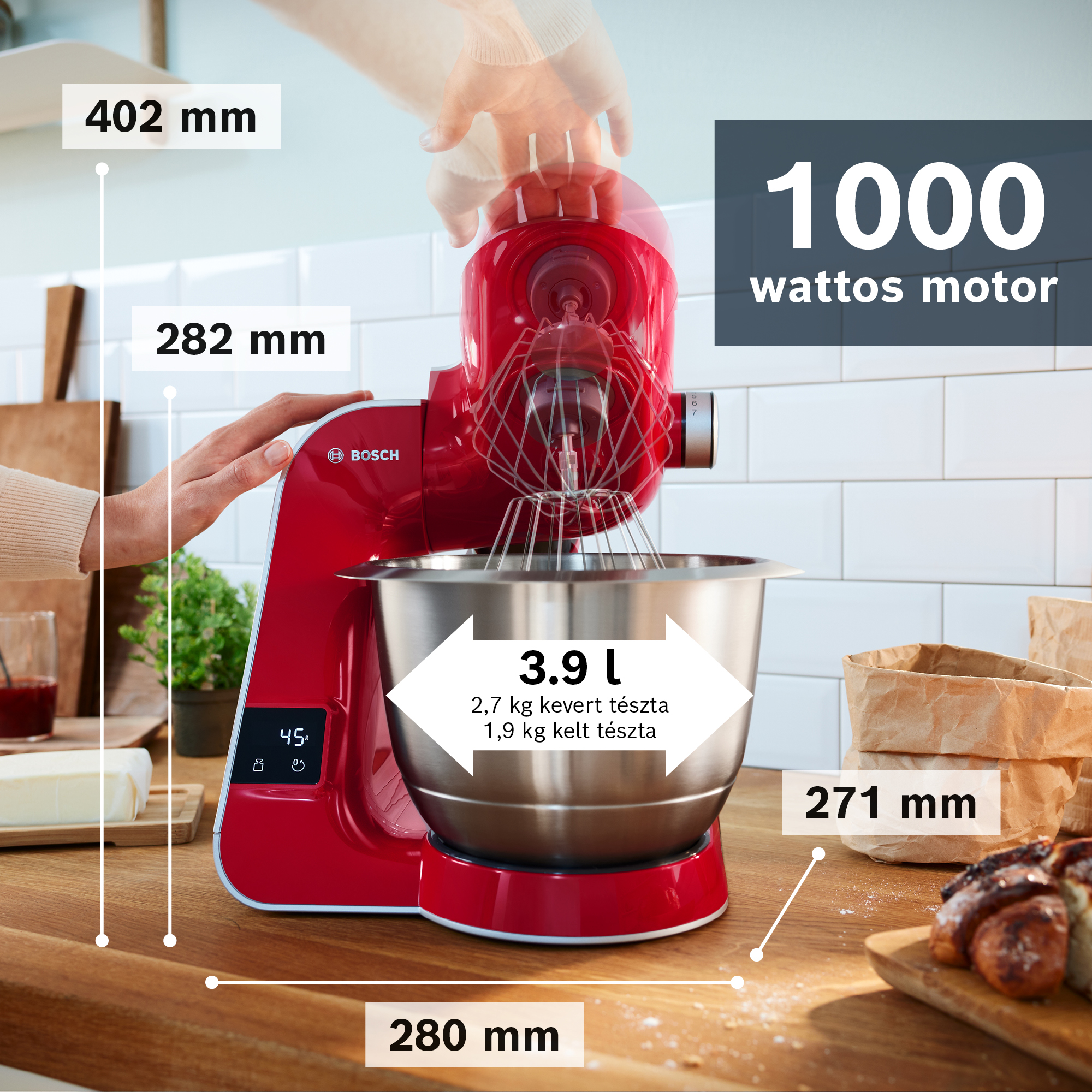BOSCH MUM5X720 Konyhai robotgép 1000W, beép. mérleg, fémtál, szel.készlet, turmix, piros/ezüst