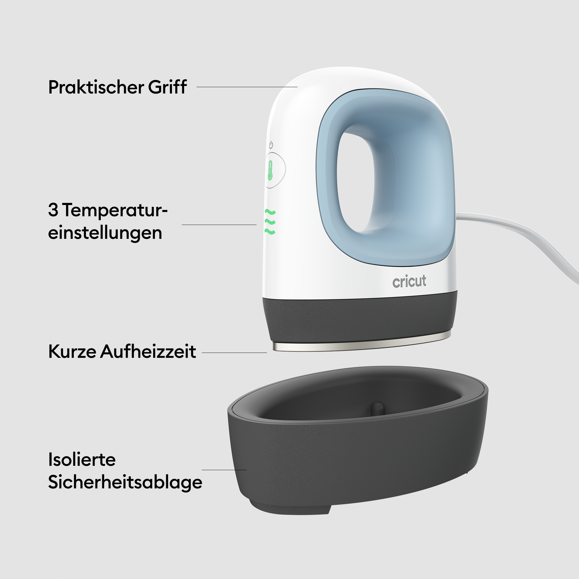 Eine weiße und blaue Cricut-Heißpresse, mit Funktionen beschriftet, befindet sich über ihrer schwarzen Basis. Ein Netzkabel ist angeschlossen.