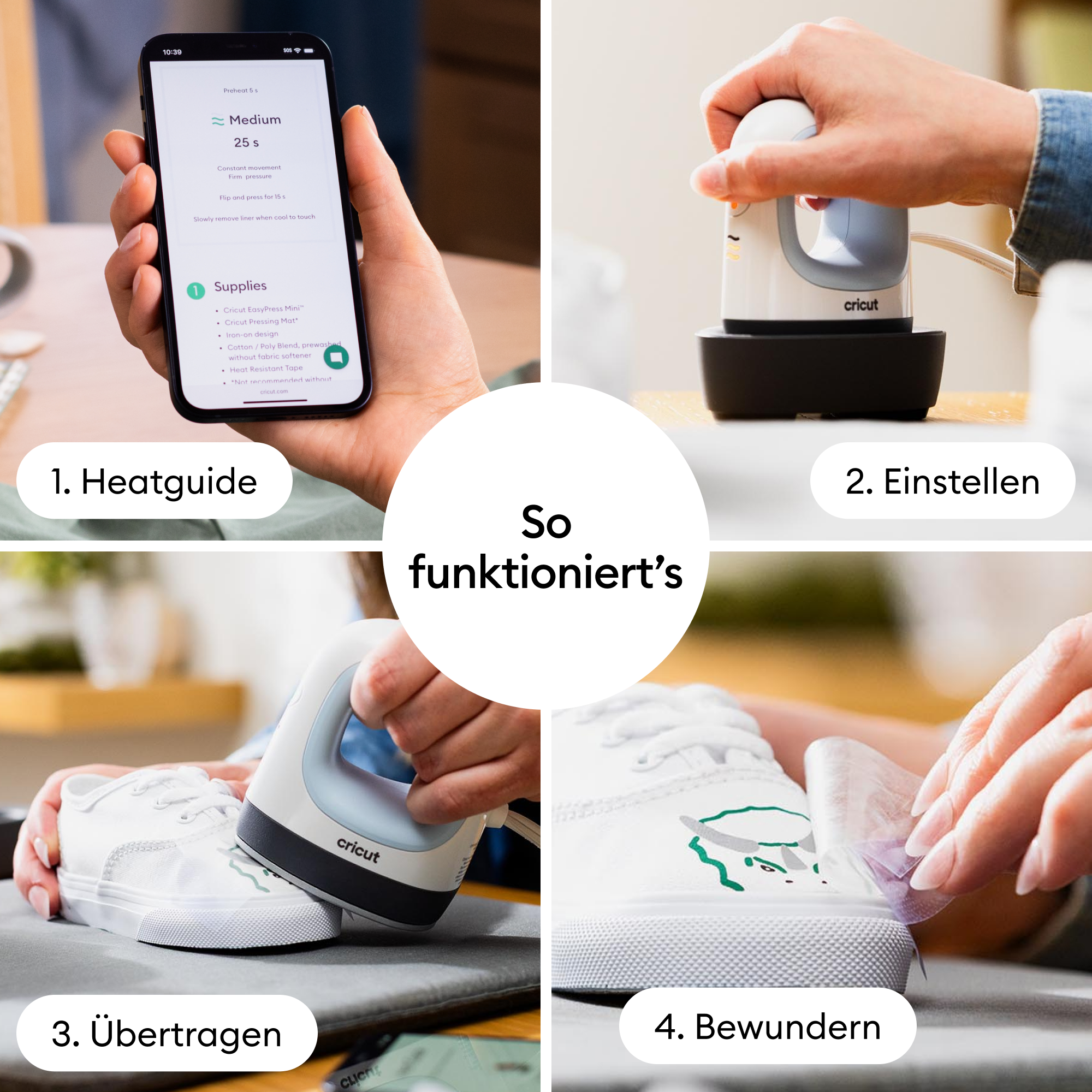Vier Bilder, die Cricut EasyPress Mini zeigen. Es zeigt die Wärmeeinstellungen auf einem Telefon, die Verwendung und das Bügeln auf einem Schuh.