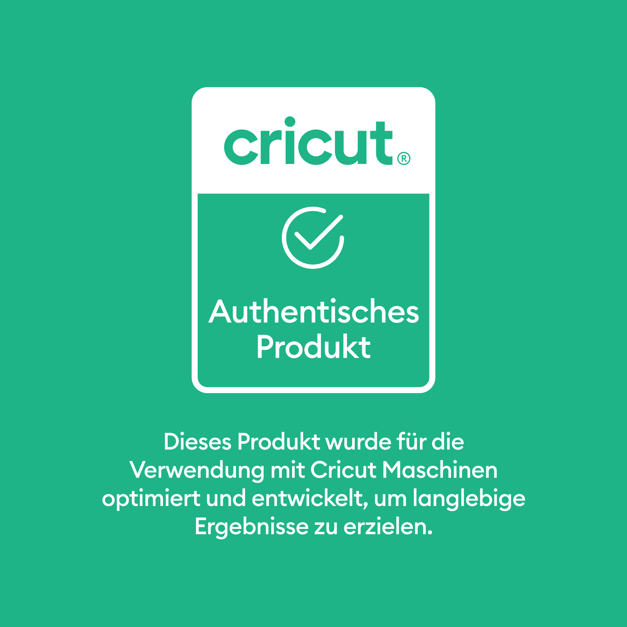 Das Bild zeigt ein Cricut-Logo mit dem Text 'Authentisches Produkt' auf grünem Hintergrund und eine Produktbeschreibung.