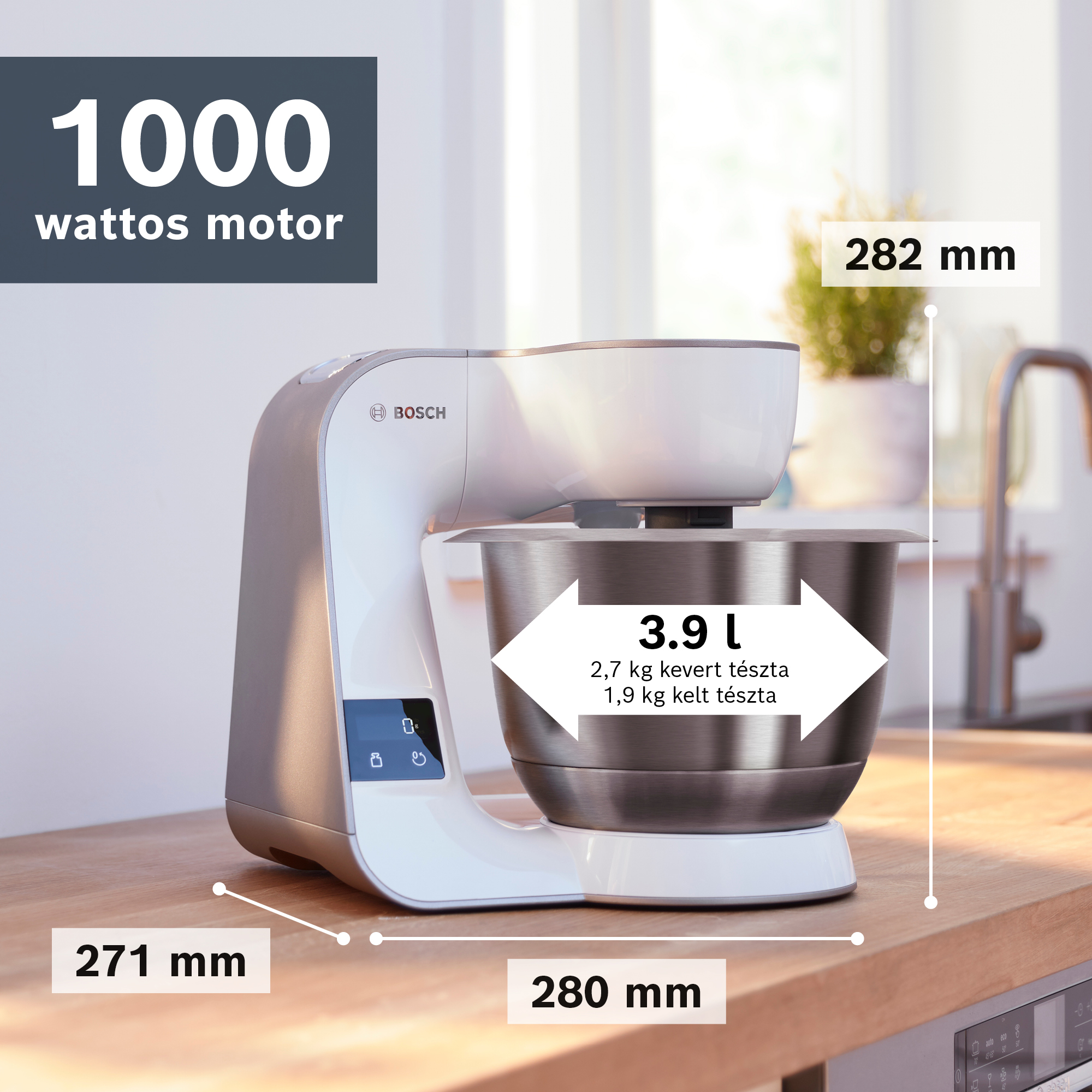 Bosch konyhai gép rozsdamentes acél tálal, méretekkel és kapacitással. 1000 wattos motor.