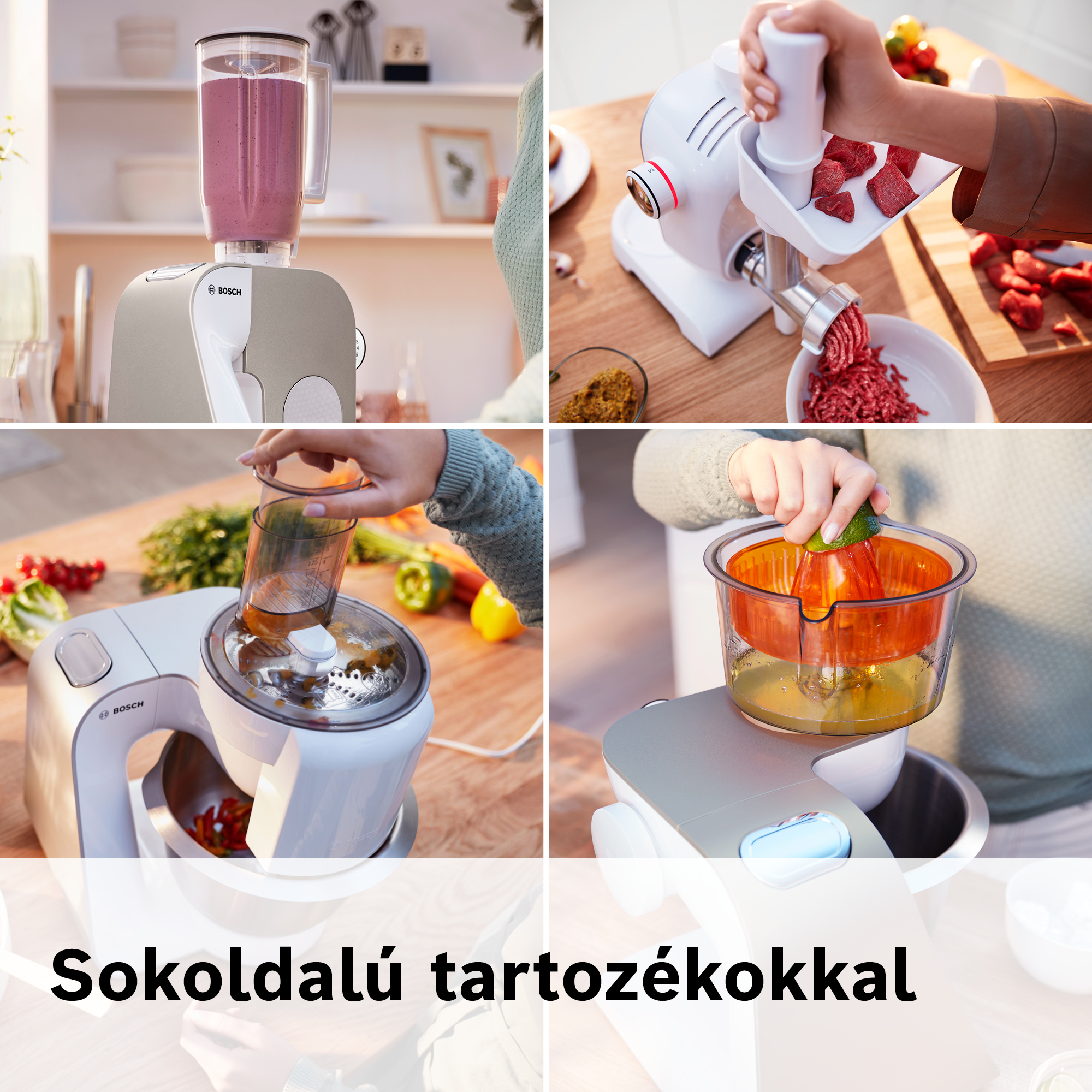 Egy multifunkciós konyhai készülék látható különböző használatokban: turmixolás, hús darálása, zöldségek szeletelése és citrusfélék lényerése.