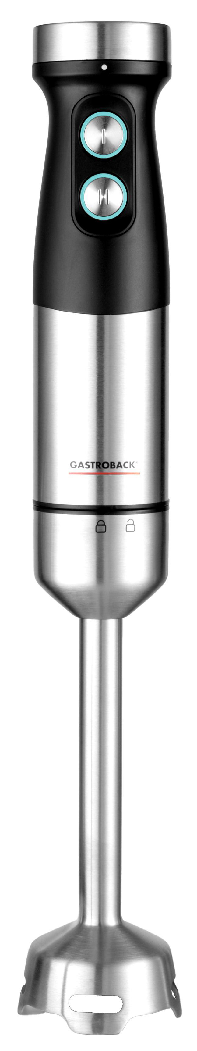 Ein Edelstahl-Stabmixer. Er hat schwarze und silberne Teile, mit zwei Knöpfen und dem Markennamen 'Gastroback'.