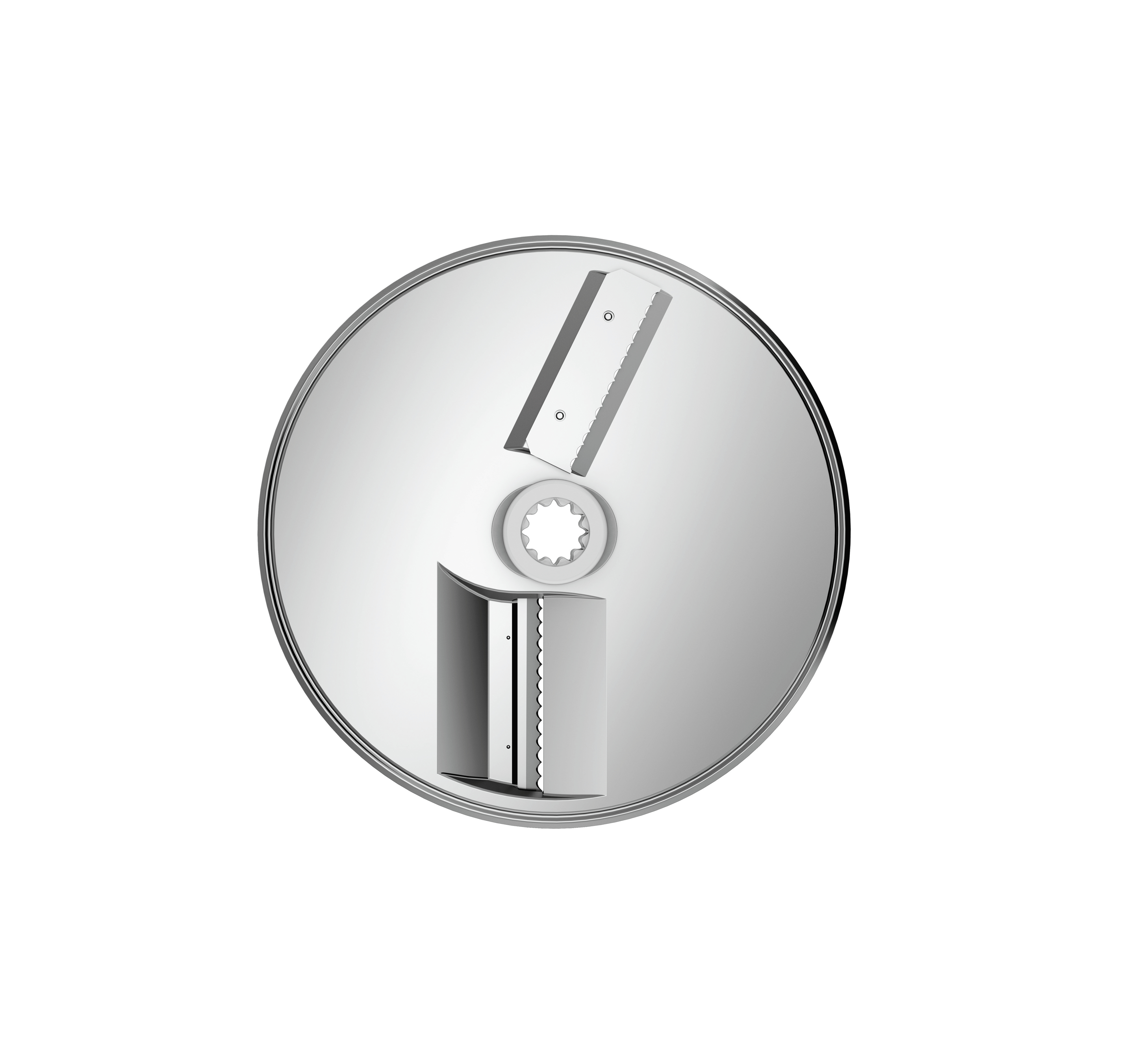 Eine kreisförmige, metallische Küchenmaschinenklinge mit zwei Klingen und einem zentralen Zahnrad-Design. Weißer Hintergrund.