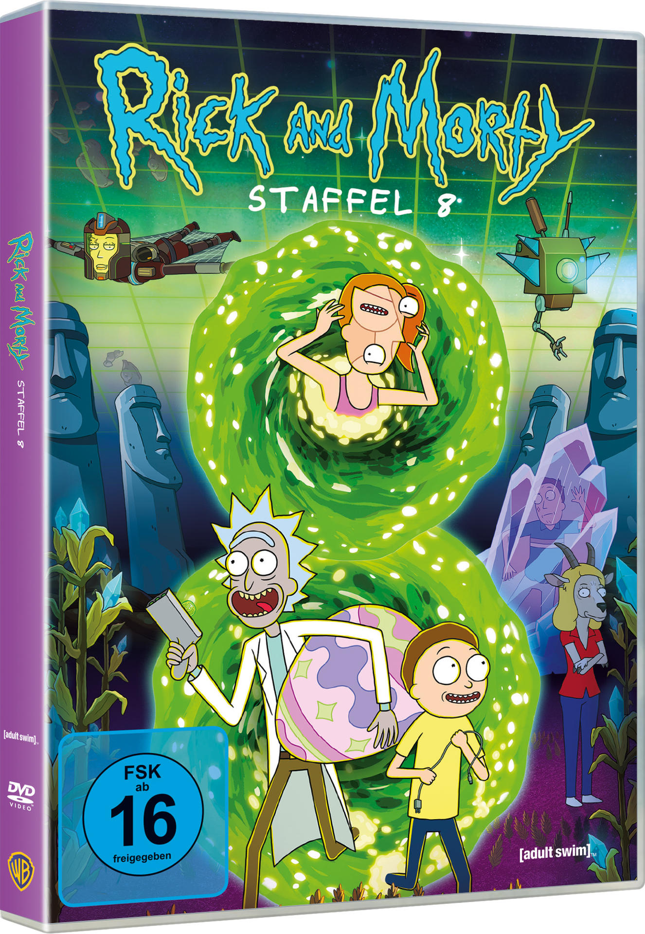 DVD-Cover von Rick and Morty. Charaktere Rick, Morty und andere stehen vor einem grünen Portal. Das Cover sagt Staffel 8.