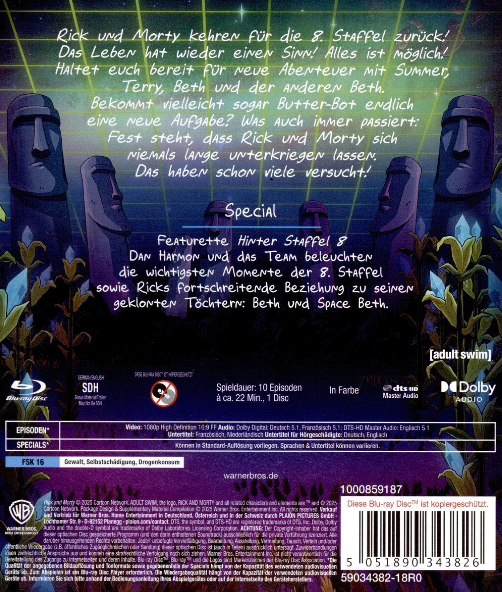 Blu-ray-Disc-Cover mit Rick-und-Morty-Charakteren, Statuen und Text auf Deutsch. Adult Swim-Logo vorhanden.