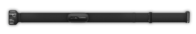 Czarny pas piersiowy Garmin do monitora pracy serca, z logo Garmin na czujniku i pasku.