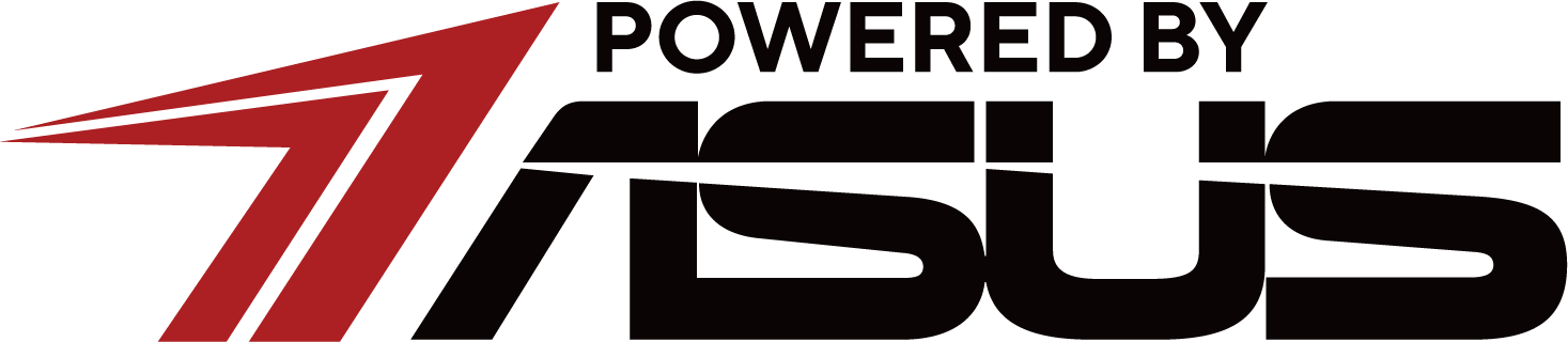 Siyah zemin üzerinde ASUS logosu. Kırmızı ok sola doğru. Beyaz harflerle POWERED BY ASUS yazısı.