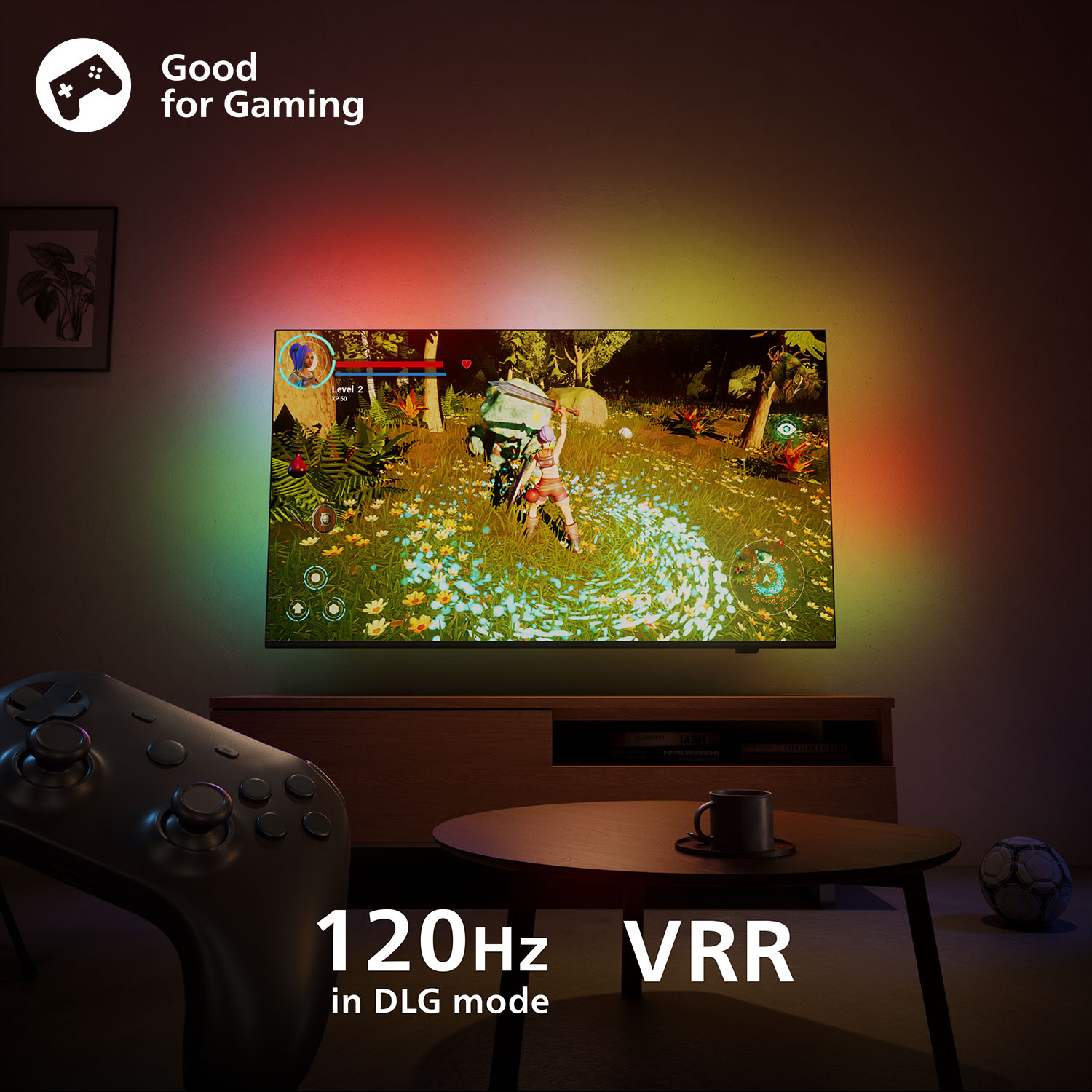 Kontrolcü, oyun gösteren TV ve fincanlı sehpa ile bir oyun kurulumu. TV, DLG modunda 120Hz VRR gösteriyor.