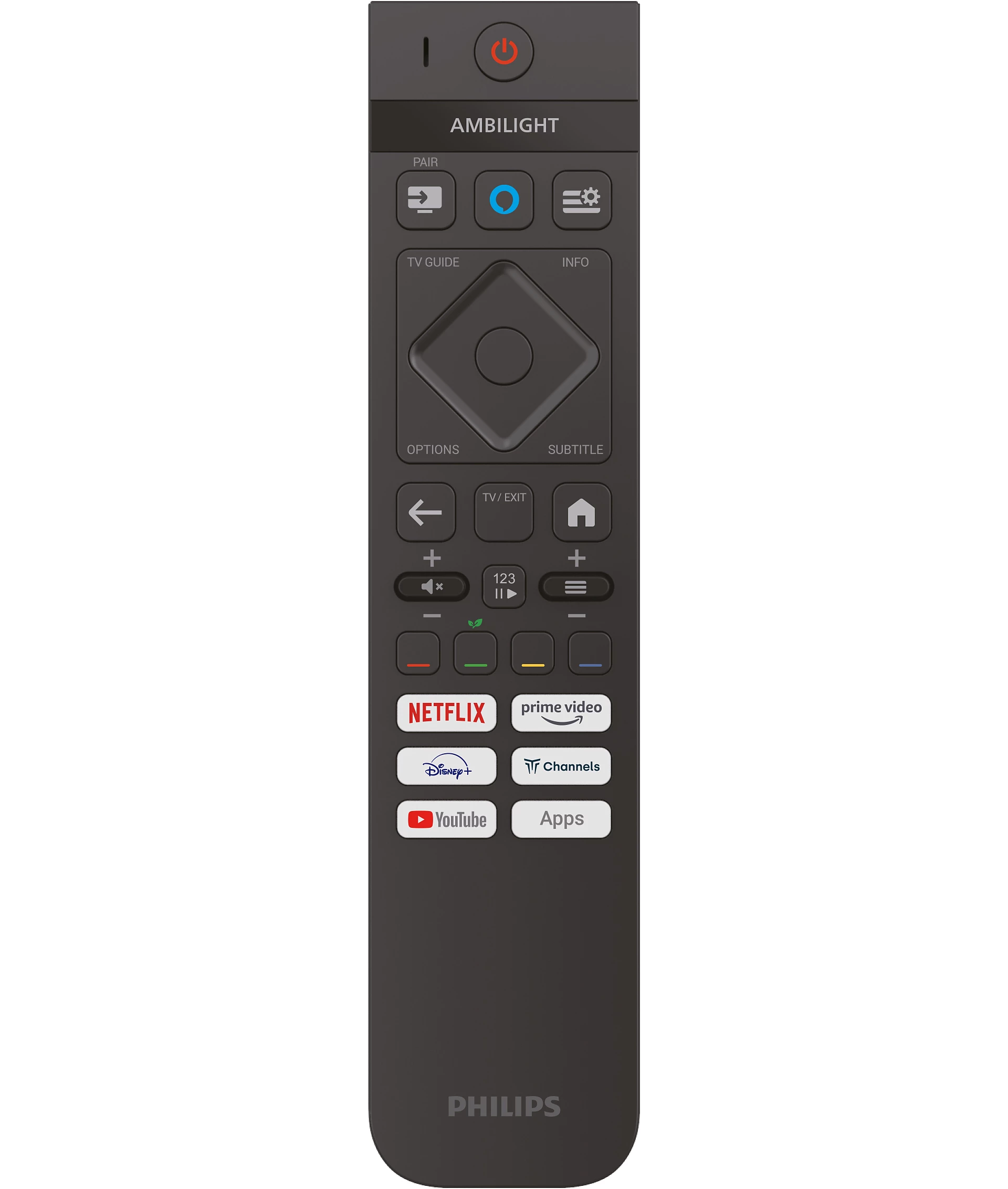 Philips TV kumandası, Netflix ve YouTube gibi fonksiyonlar ve akış uygulamaları için birçok düğmeye sahip.