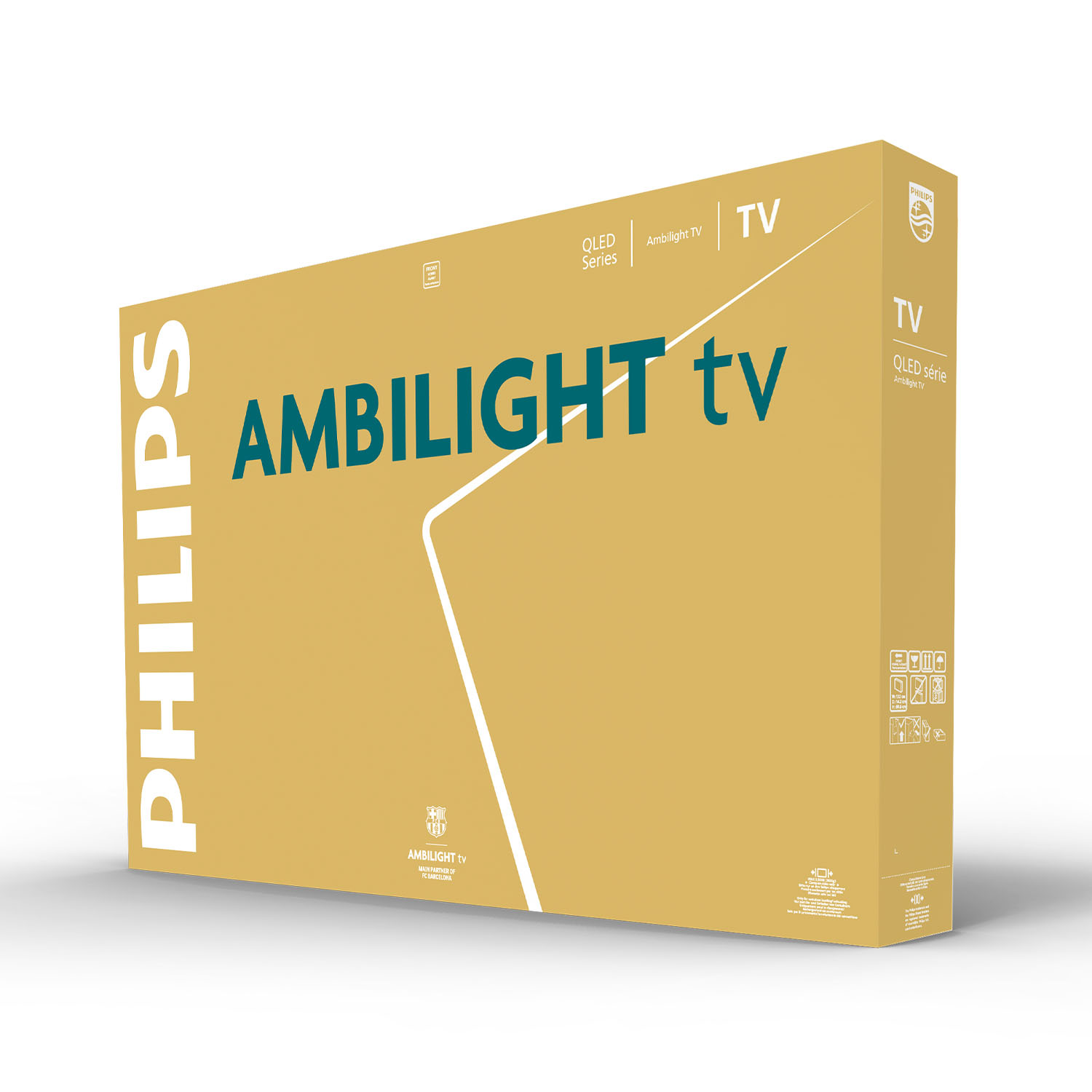 Bir Philips Ambilight TV kutusu gösteriliyor. Altın renginde, beyaz ve deniz mavisi metinli. Philips logosu görünür durumda.