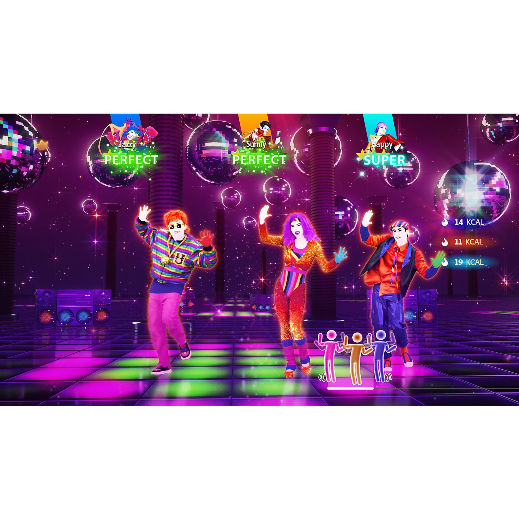 Tres bailarines en un escenario con bolas de discoteca. La interfaz del juego muestra las puntuaciones 'Perfect' y 'Super'.