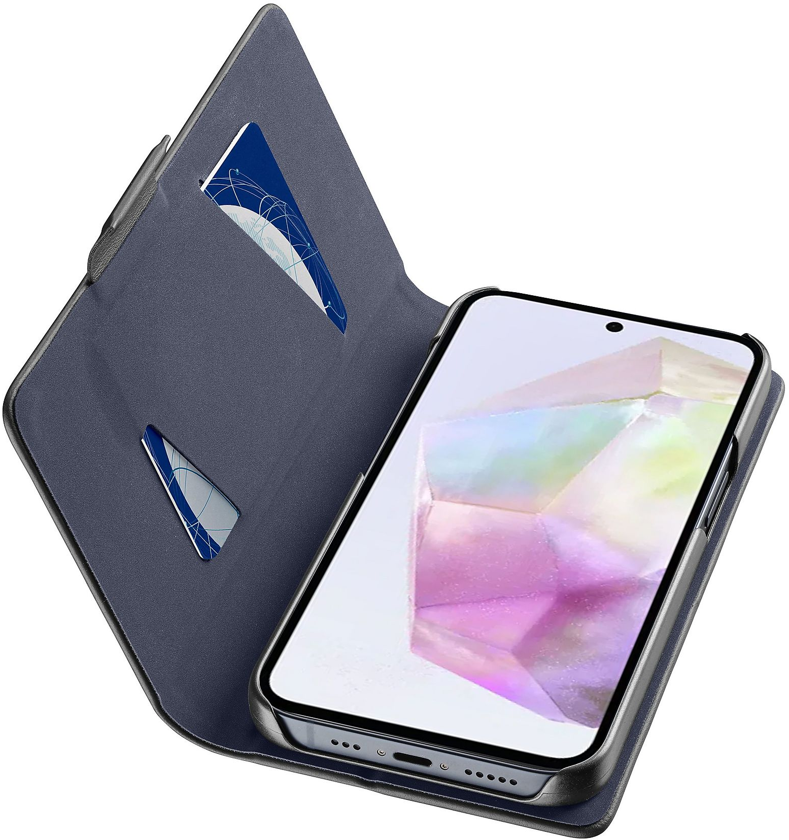 Étui de téléphone ouvert avec un téléphone à l'intérieur. L'étui est bleu et comporte des fentes pour cartes. L'écran est visible.