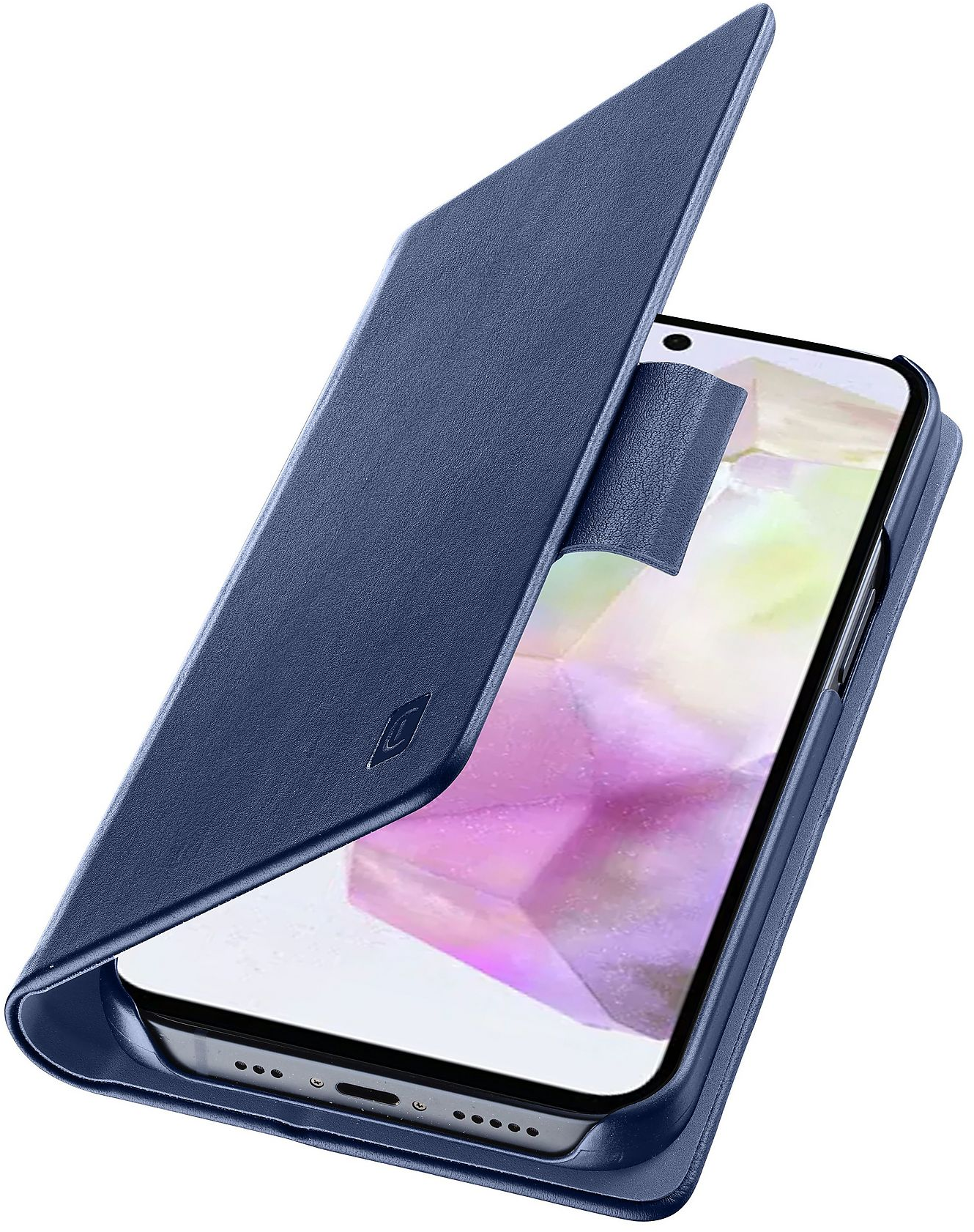 Un étui de téléphone bleu est ouvert, révélant un écran de smartphone. L'étui a une finition texturée et un logo.