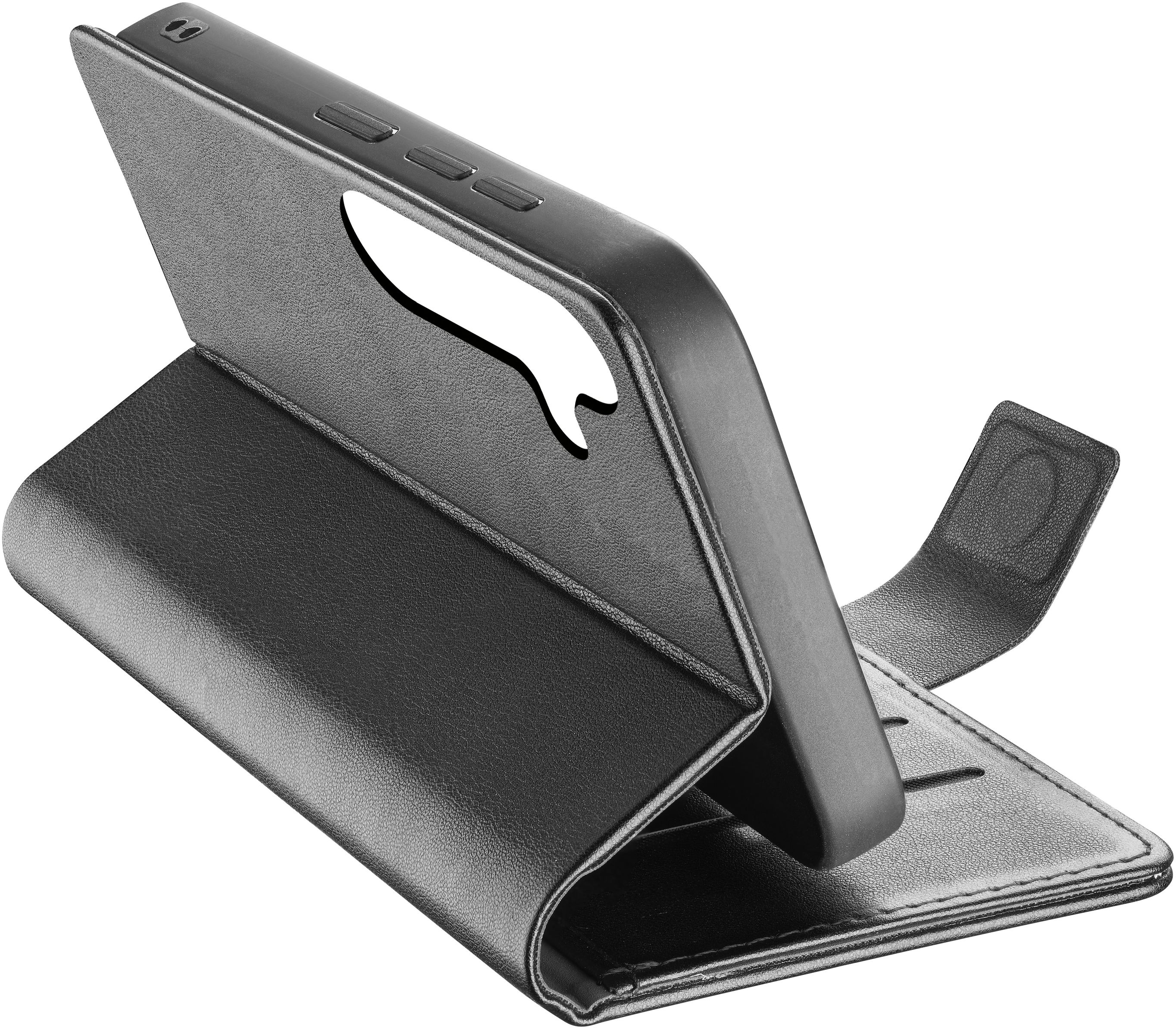 Étui de téléphone noir, ouvert, montrant l'intérieur et l'extérieur. Isolé sur fond blanc. Comprend des boutons et une fente pour carte.