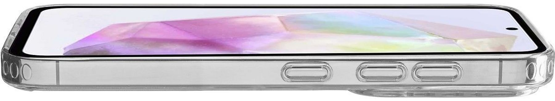 Una custodia trasparente per telefono, che mostra un telefono con display colorato. I pulsanti sono visibili sul lato.