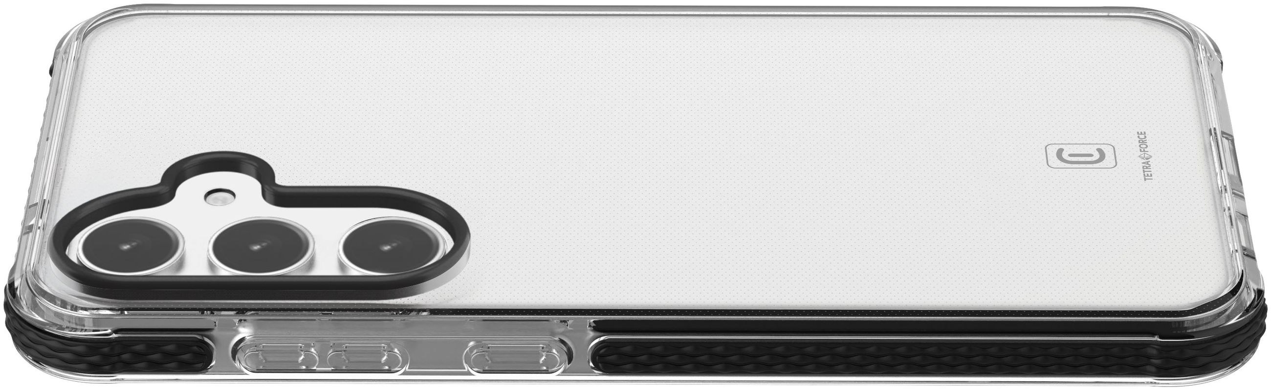 Coque de téléphone transparente. Contour de caméra noir et côtés texturés. Logo Tetra Force.