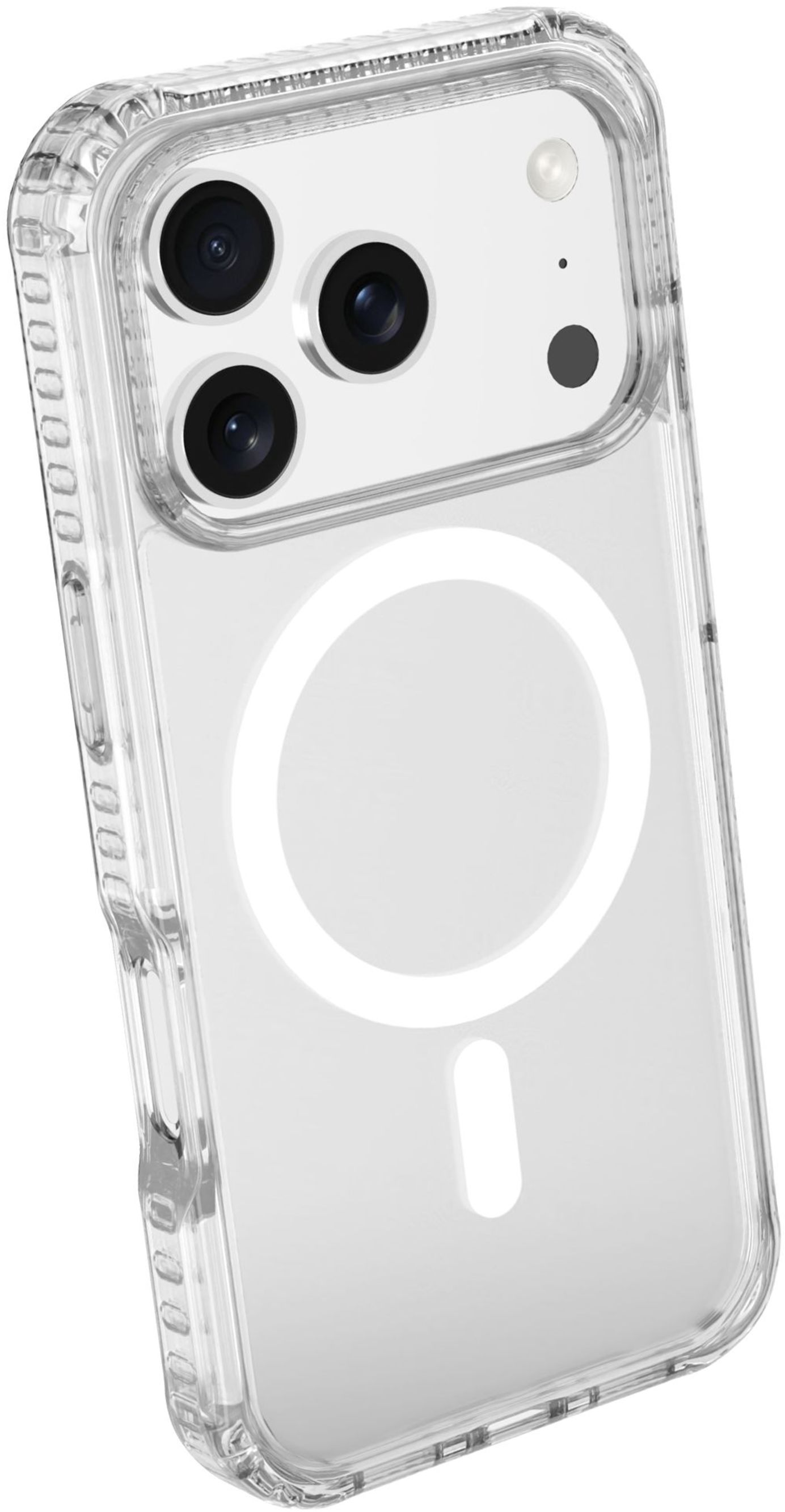 Coque de téléphone transparente. Découpe caméra avec trois lentilles, cercle MagSafe. Le boîtier est transparent.