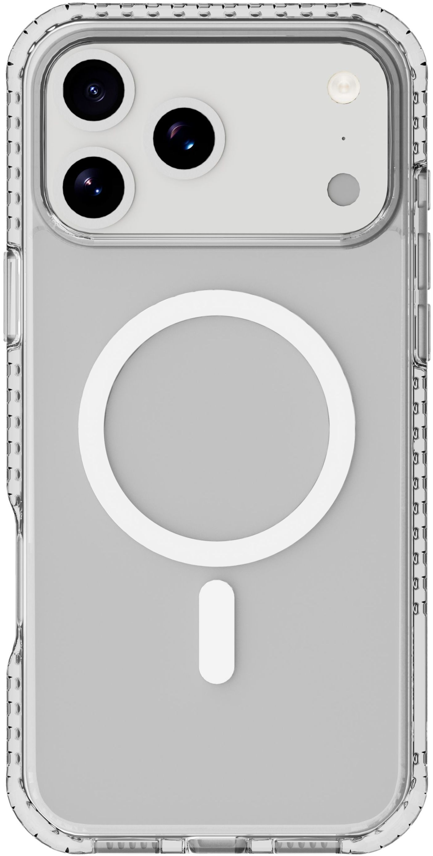Coque de téléphone transparente avec découpes caméra, cercle blanc et rectangle vertical sur fond gris.