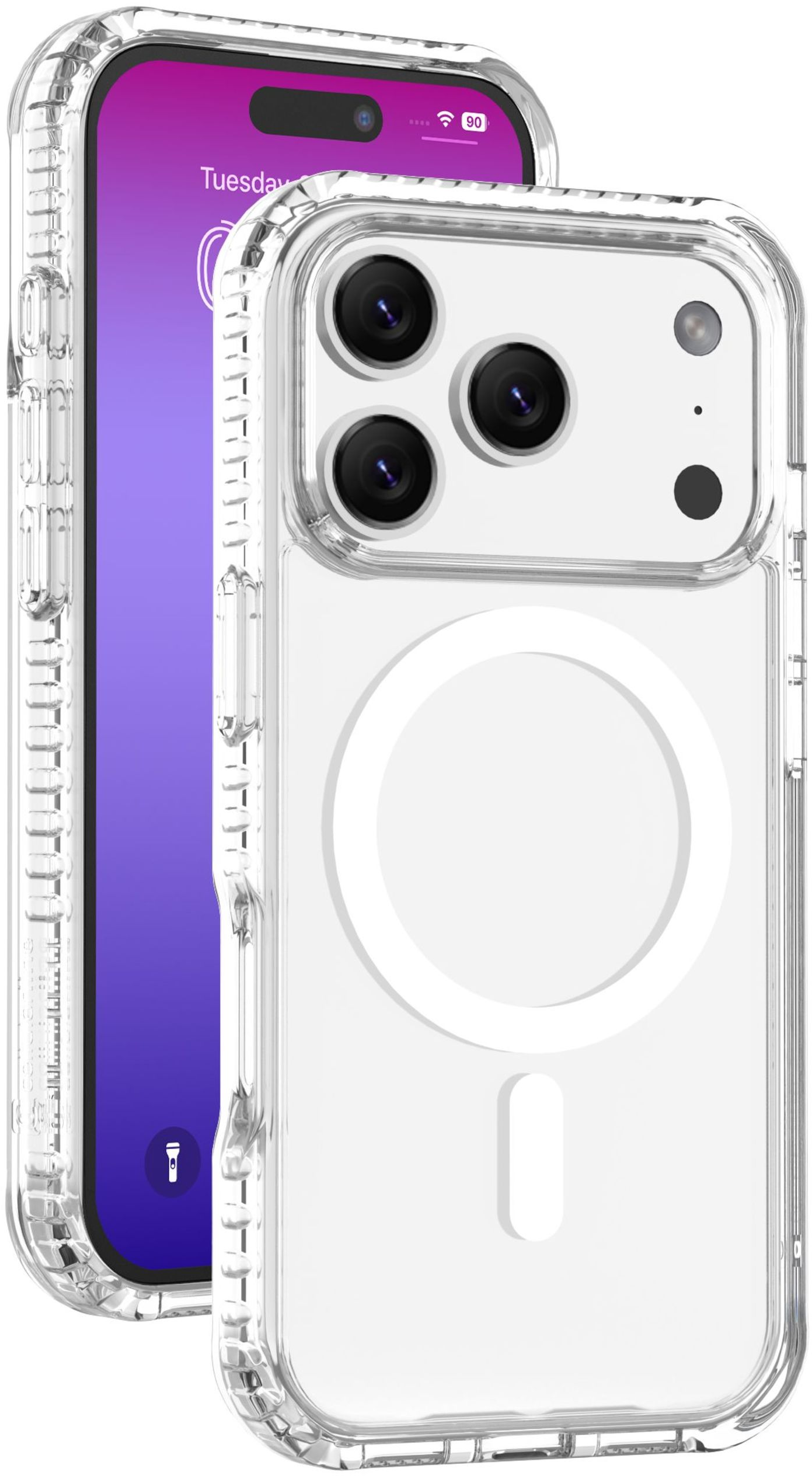 Un iPhone dans une coque transparente. Le téléphone affiche l'écran de verrouillage. La coque a un anneau MagSafe.
