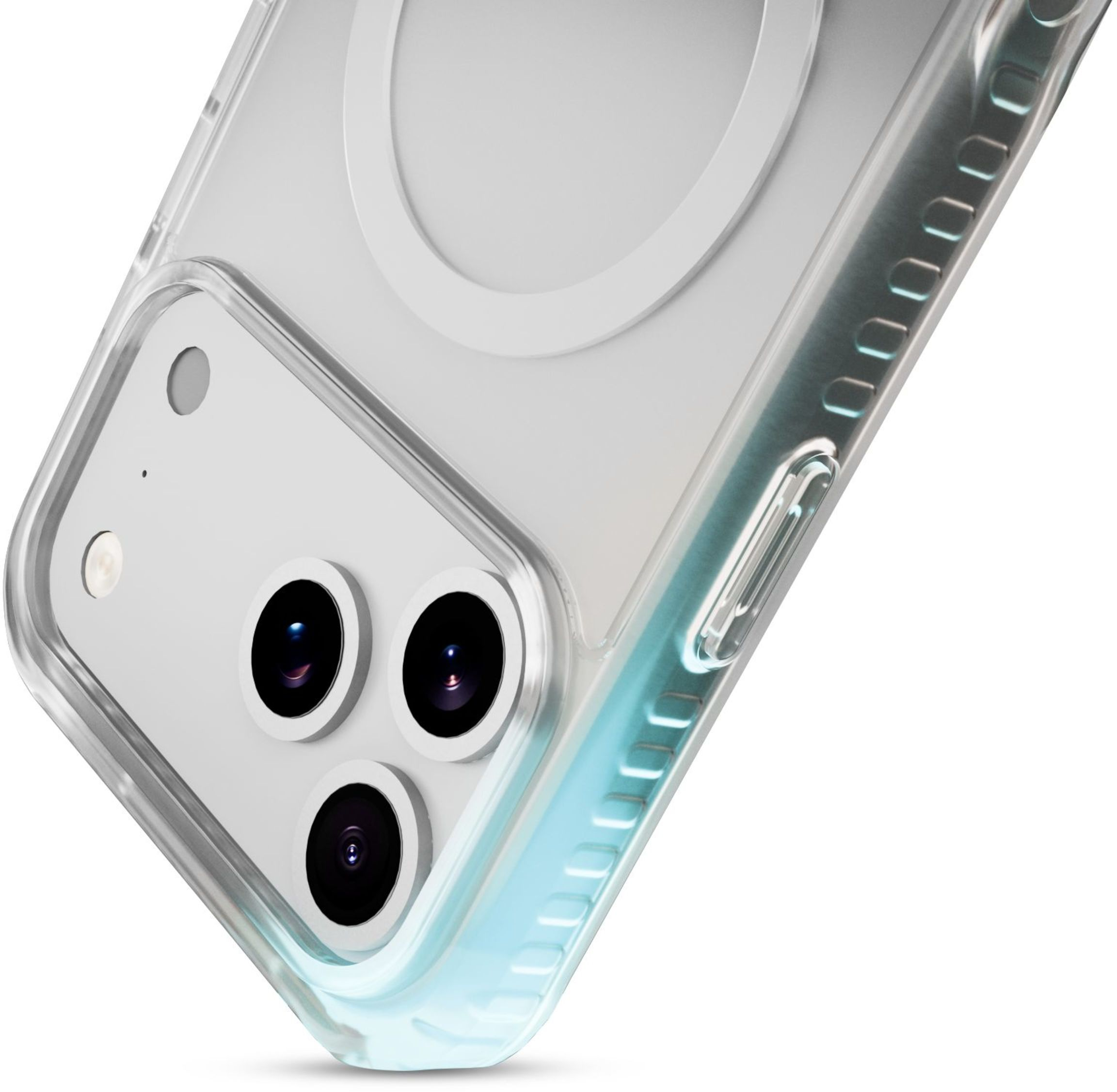 Coque transparente sur un téléphone blanc, montrant les lentilles de l'appareil photo. La coque a une légère teinte bleue.