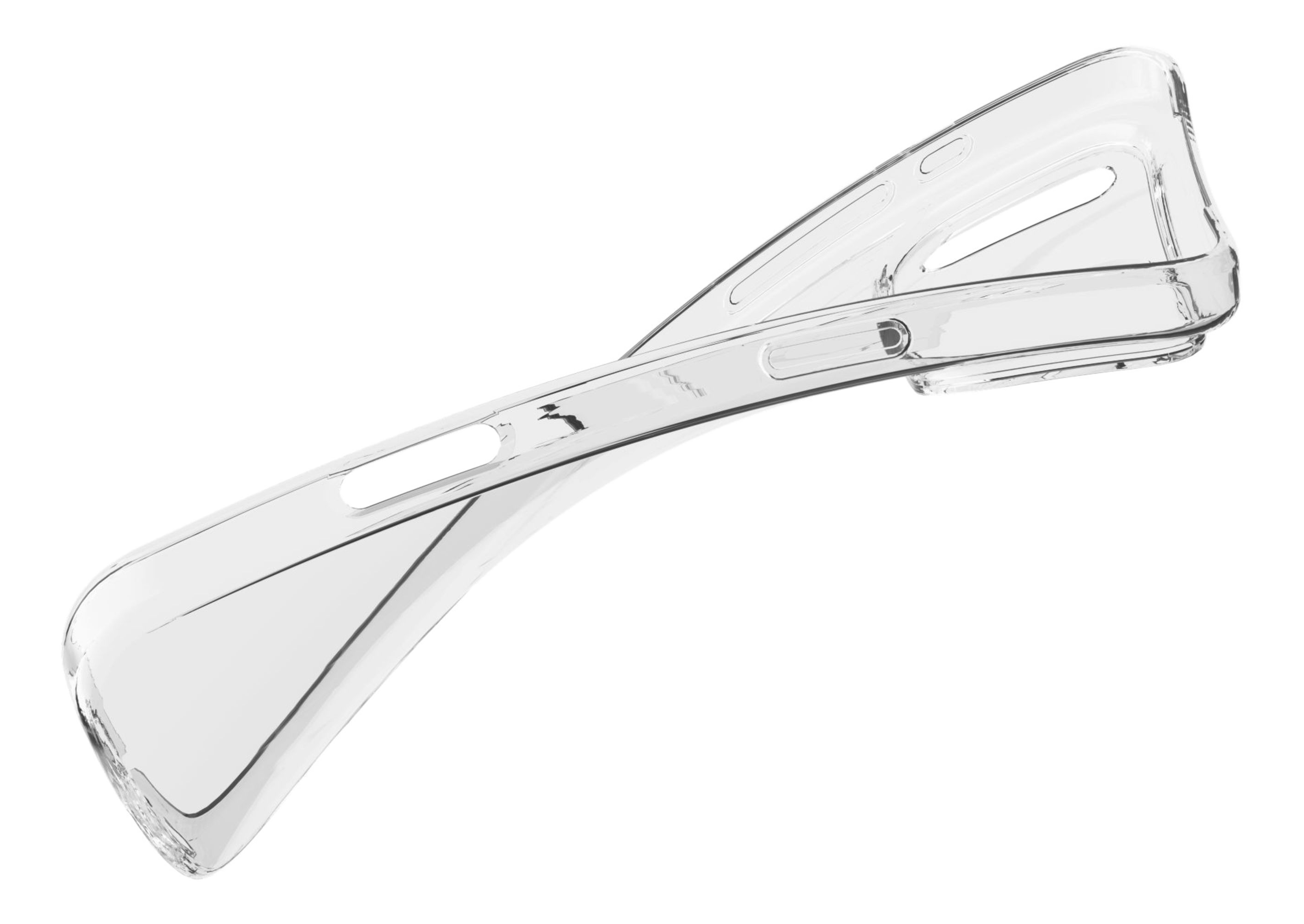 Eine klare, flexible Handyhülle ist auf schwarzem Hintergrund gebogen. Die Hülle ist transparent und hat Ausschnitte für Knöpfe.