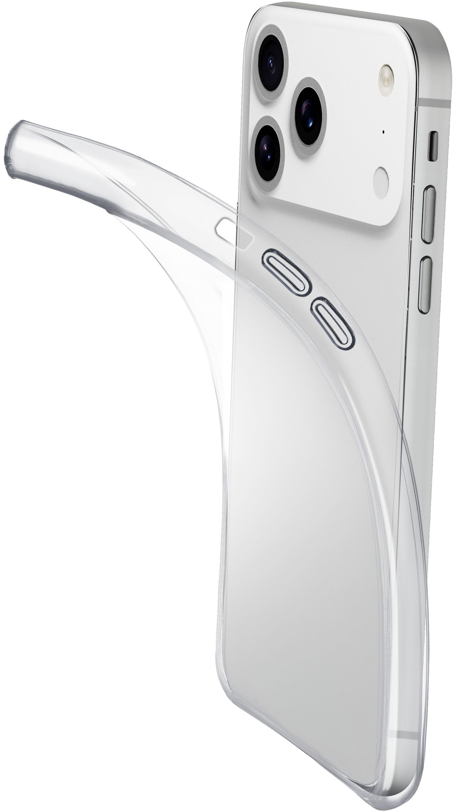 Eine transparente Handyhülle liegt über einem weißen Telefon und zeigt die Rückseite mit Kameras.