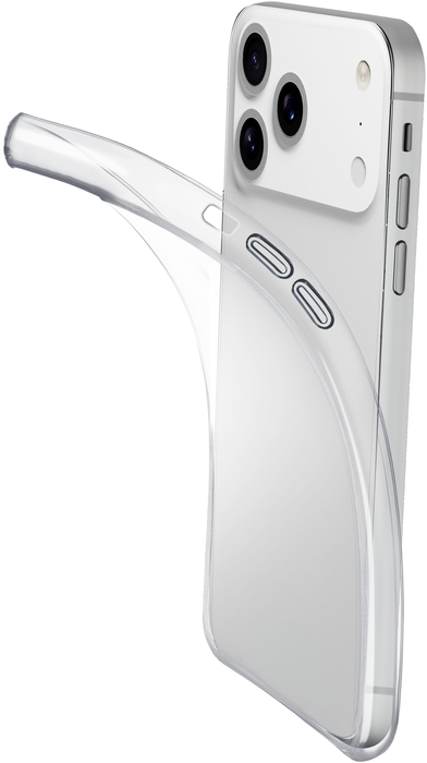 Une coque transparente est partiellement sur un téléphone blanc. La coque s'éloigne du téléphone.