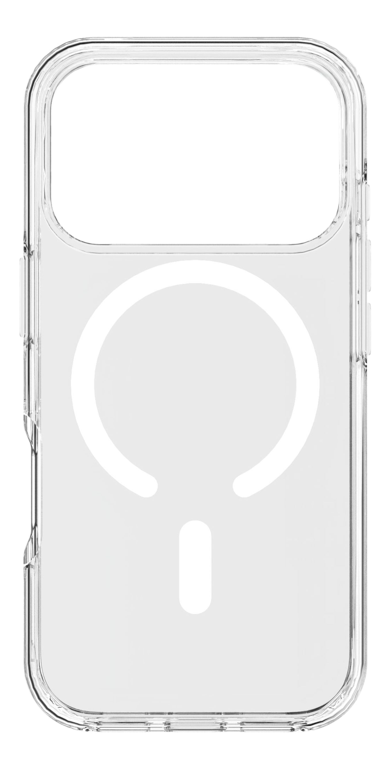 Une coque de téléphone transparente avec un design circulaire blanc et un rectangle vertical en bas, centré. Le bord est transparent.