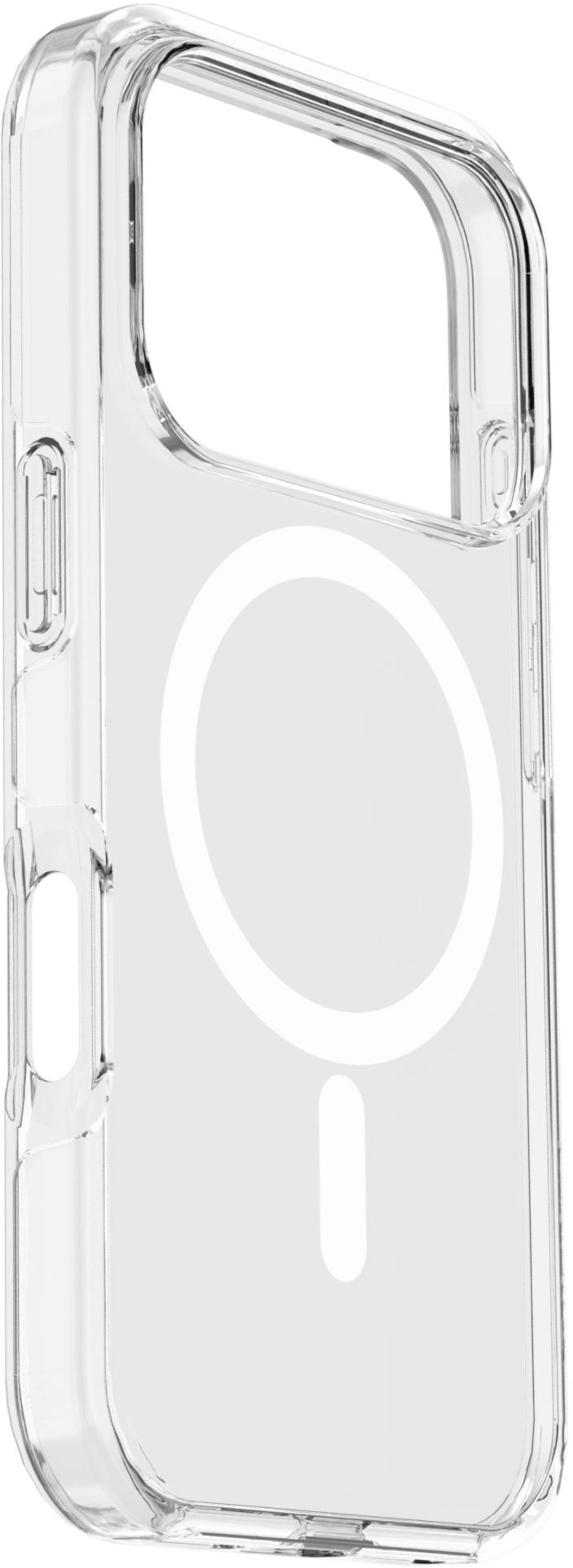 Coque de téléphone transparente avec un design circulaire blanc et un rectangle vertical. La coque est transparente.