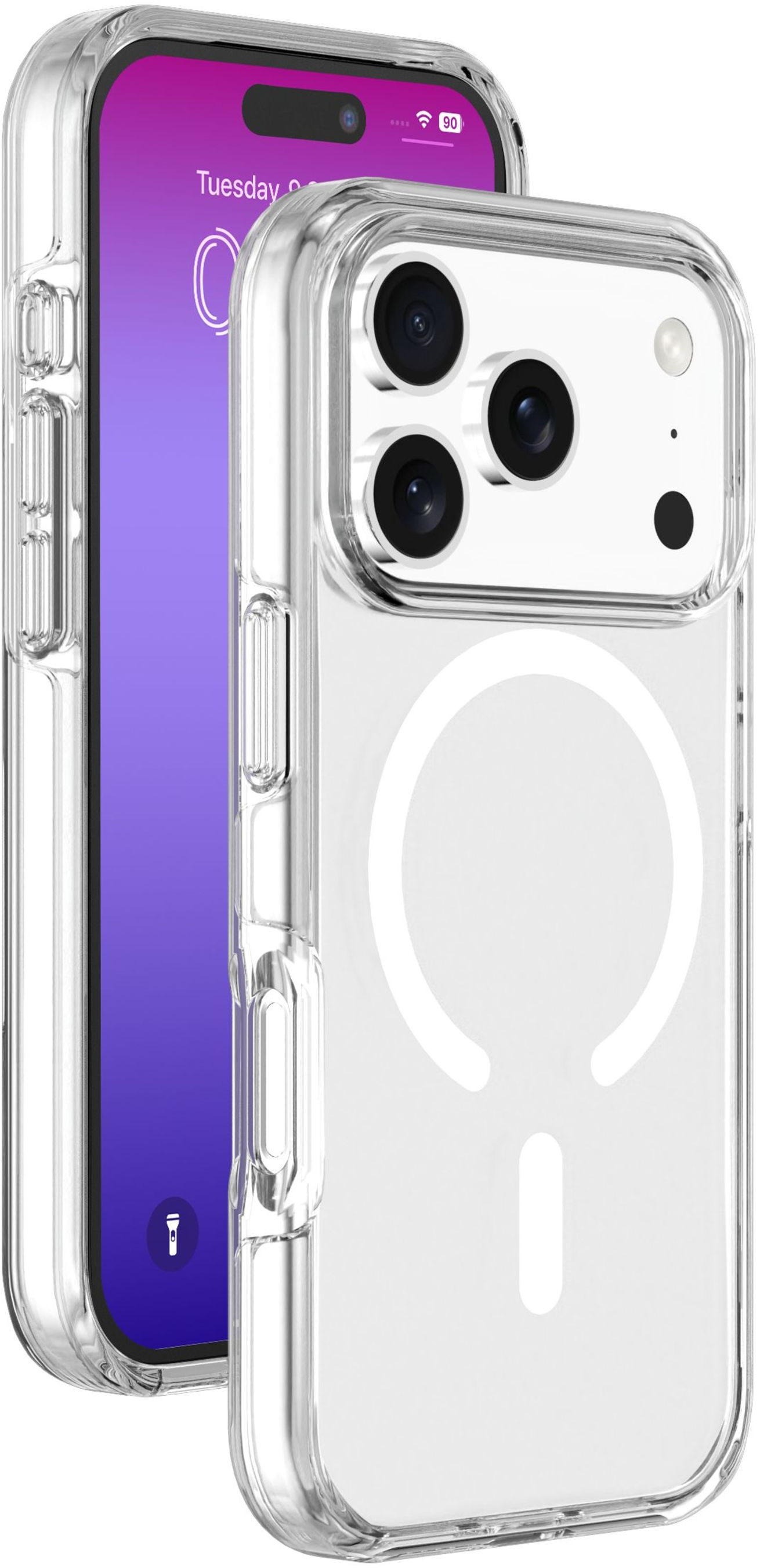 Coque de téléphone transparente avec téléphone à l'intérieur. Le téléphone affiche mardi. La coque a un cercle blanc et des caméras.