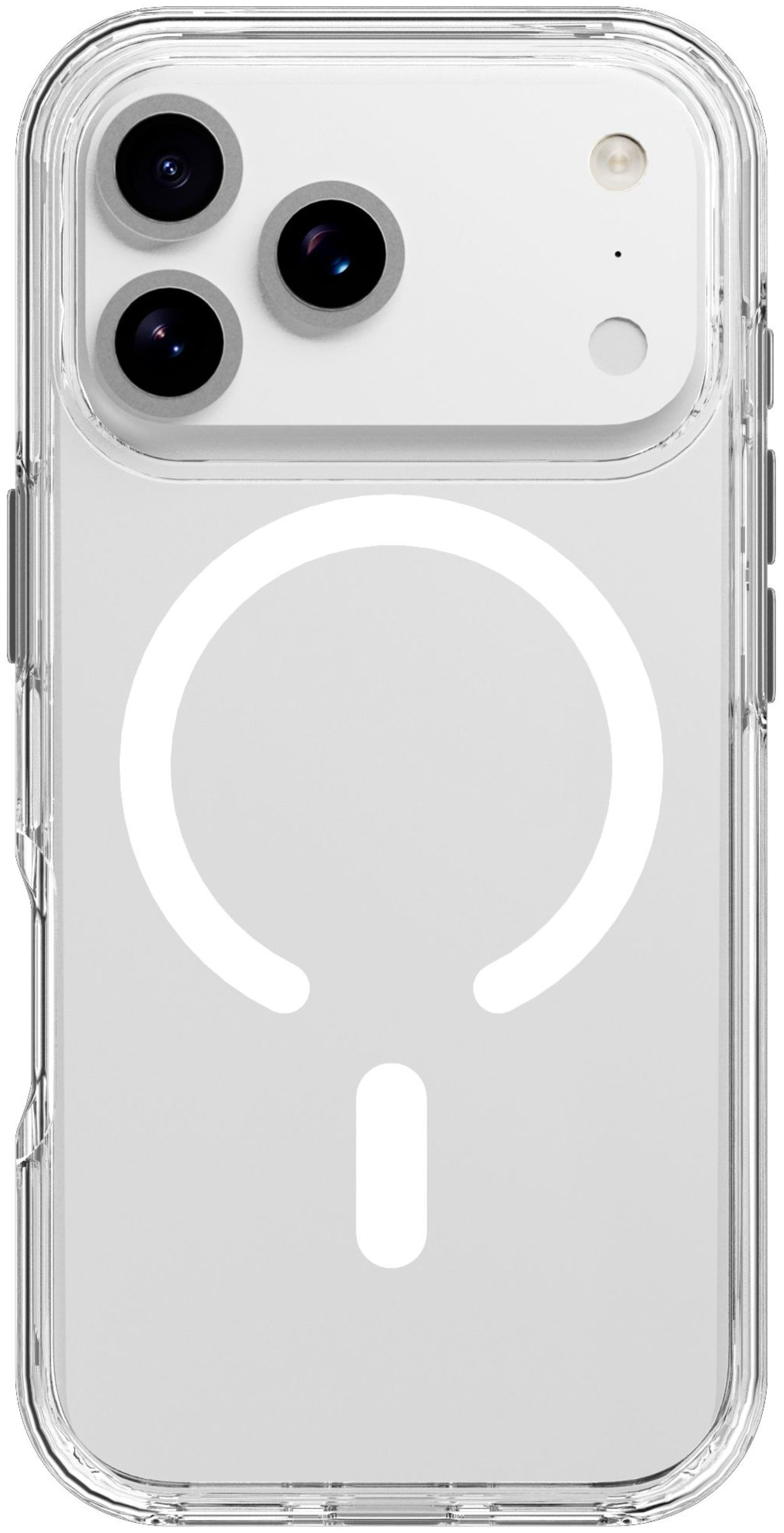 Coque de téléphone transparente avec découpes pour appareil photo et un design de cercle et de ligne blanc au dos.