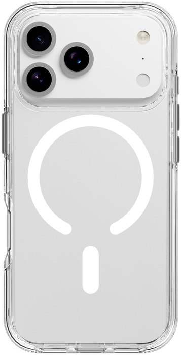 Coque de téléphone transparente avec trois objectifs. Design circulaire blanc au dos. Cadre transparent, boutons latéraux.