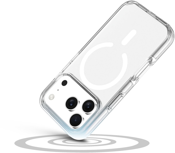 Une coque de téléphone transparente avec un design MagSafe est inclinée. Les lentilles de l'appareil photo du téléphone sont visibles. Il est placé au-dessus d'un graphique.