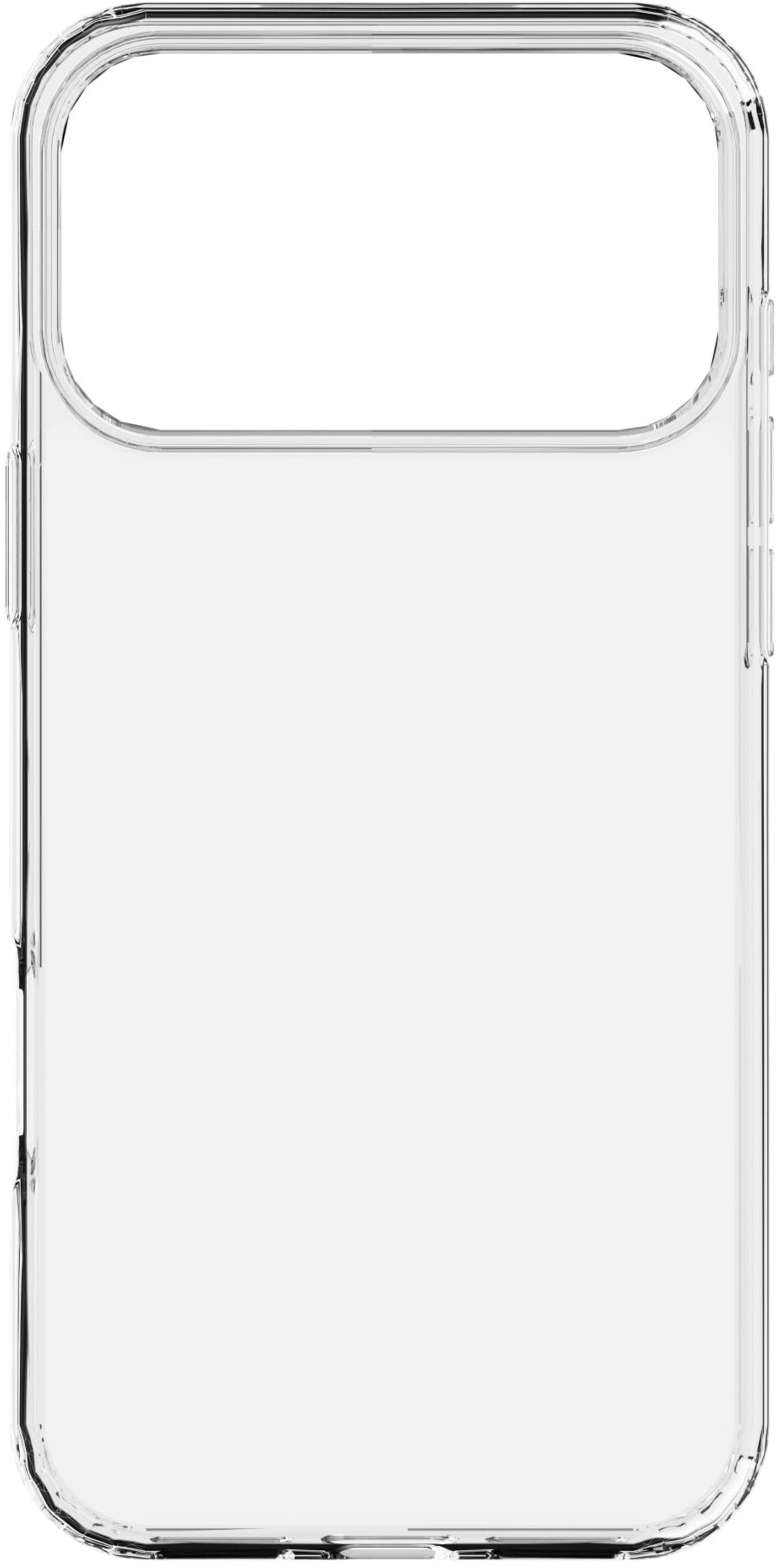 Eine transparente Handyhülle. Sie hat eine rechteckige Form mit abgerundeten Ecken. Die Hülle ist leer und zeigt ein klares, durchsichtiges Design.