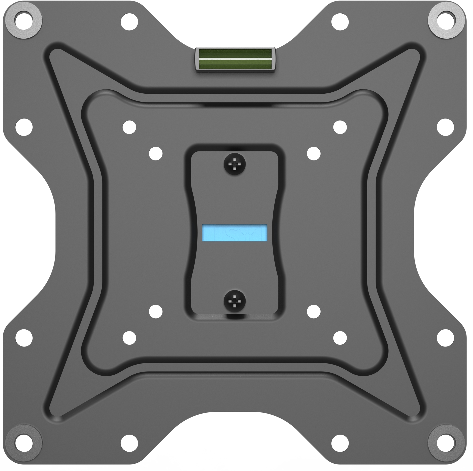 Un support TV en métal gris avec plusieurs trous et un niveau. Il comporte une zone rectangulaire centrale avec des éléments bleus et noirs.