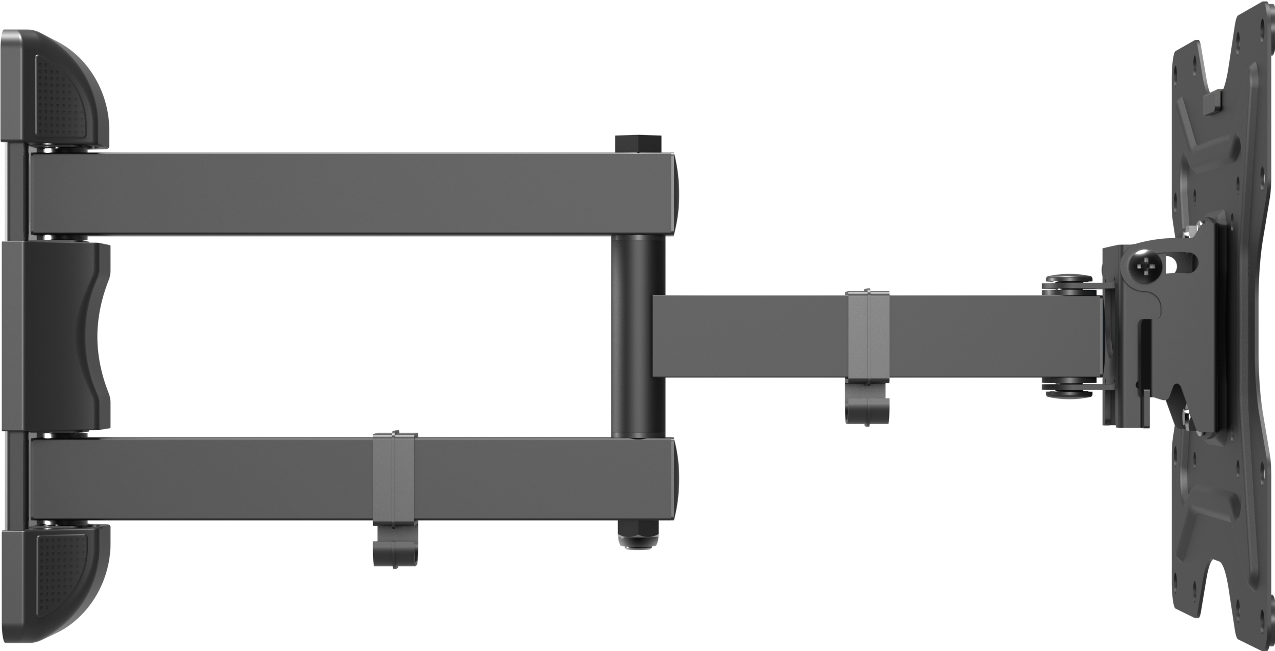 Un support mural TV articulé gris foncé. Il possède plusieurs articulations et un support pour fixer le téléviseur.